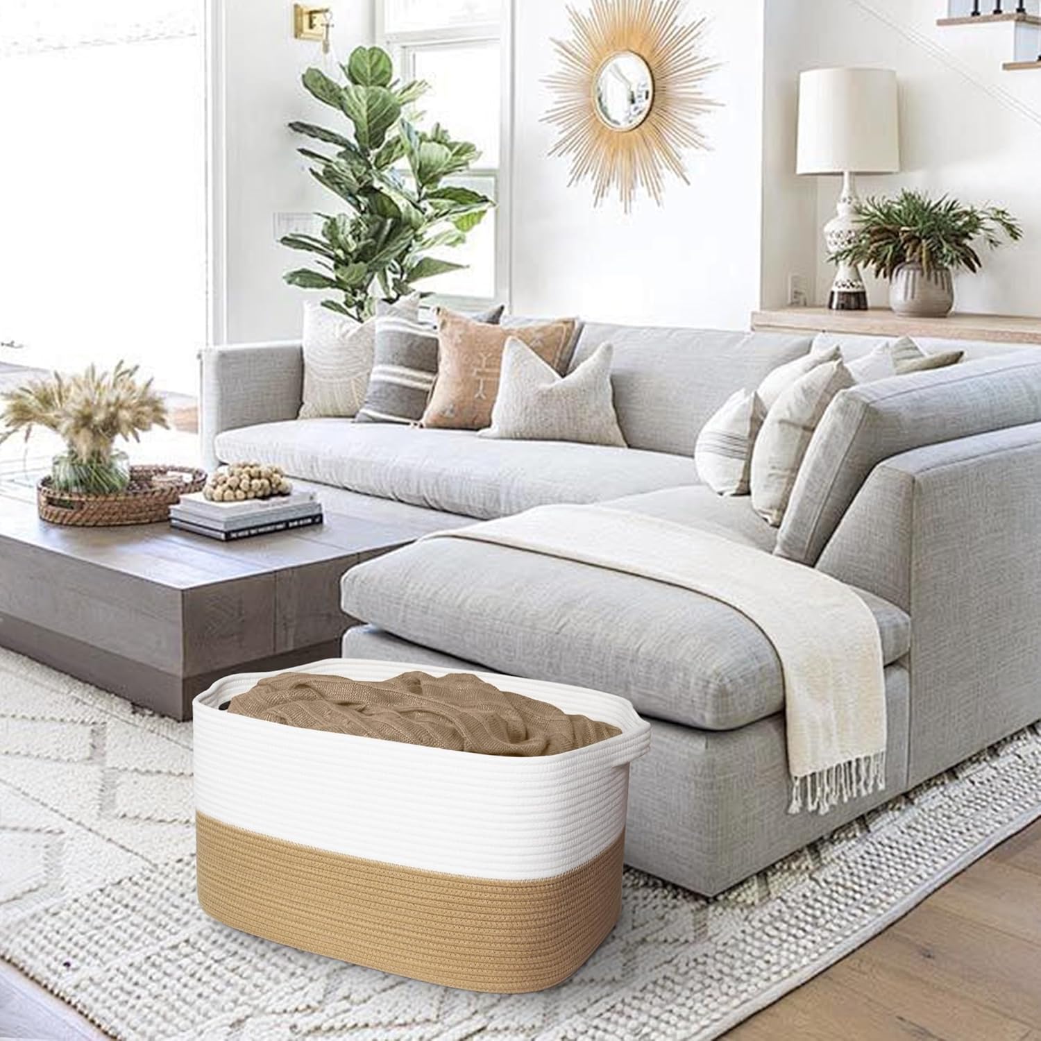 Extra Large Blanket Basket, 23.6"x15.7"x14.1" Woven Blanket Storage for Living Room, Big Cotton Rope Kids Dog Toy Bin Box, Decorative Rectangle Pillow Holder, Baby Laundry Basket, Camel