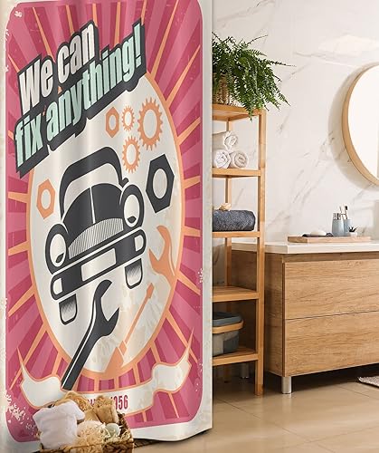 Miniatura 1 de Ambesonne Cortina de ducha de 1950, póster retro de servicio automático, diseño mecánico de transporte mecánico, juego de decoración de baño de tela
