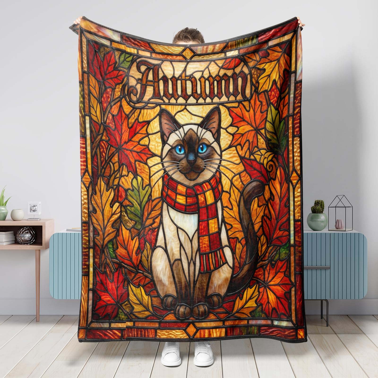 Couverture d'automne flanelle chat siamois | Plaid lit, canapé, sofa et voyage