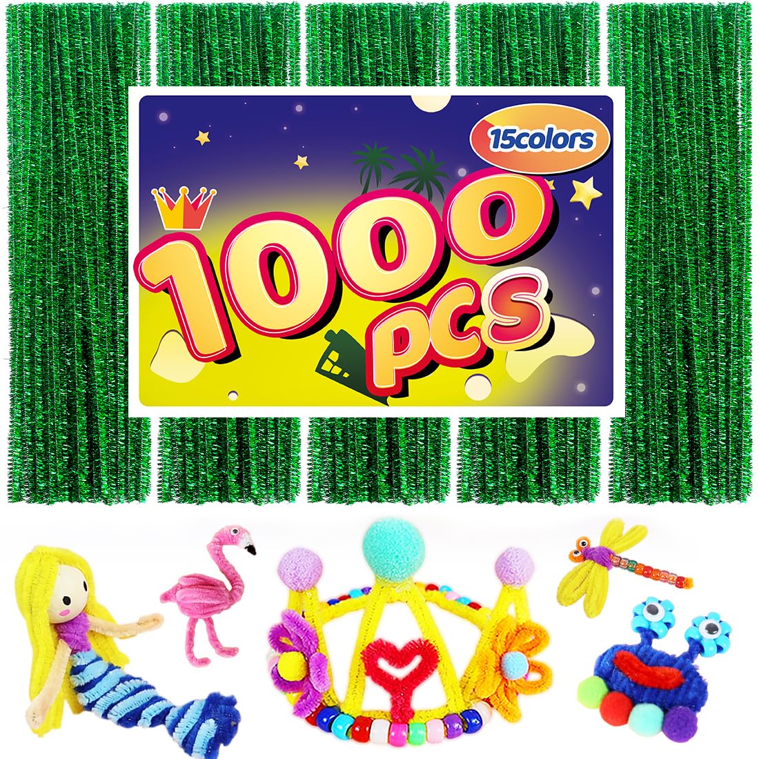 Pipe Cleaners, Pipe Cleaners Craft, Arts and Crafts, Crafts, Craft Supplies, Art Supplies (1000 Green Glitter Pipe Cleaners)…