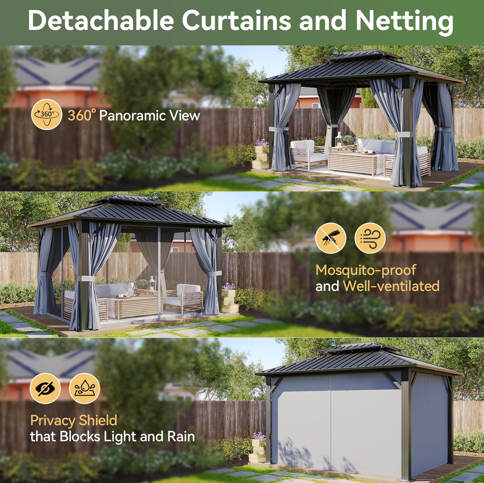 Aoxun 10x12 Gazebo Hardtop Gazebo with Double Galvanized Steel Roof Outdoor Pavilion with Breathable Netting and Privacy Curtain for Backyard (Gray) - 4