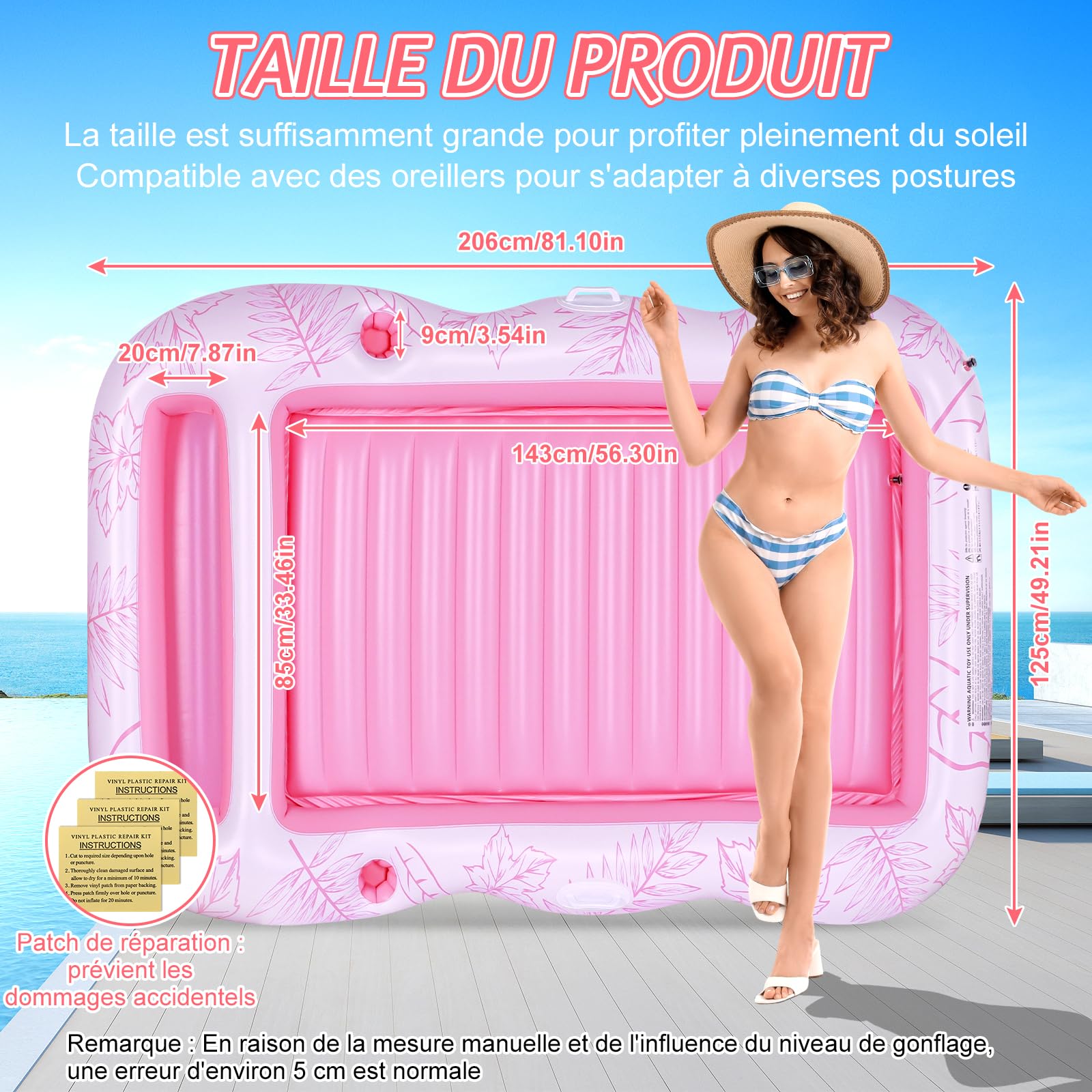 Charmofun Matelas Gonflable Piscine, Gonflable Tanning Pool Flotteur de Piscine pour Adultes pour Bain de Soleil, Piscine Gonflable Hamac avec Porte-gobelet, Piscine Bronzage pour Adultes (Rose)