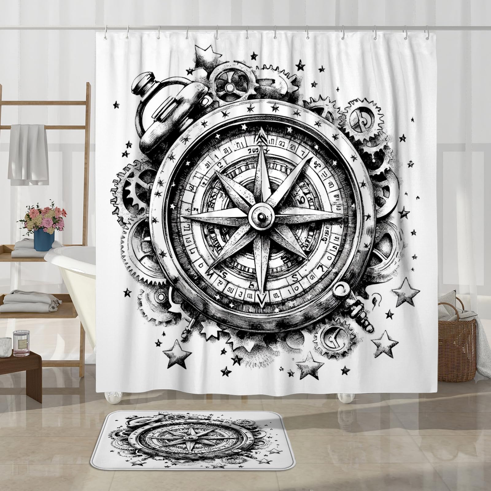 Juego de 4 accesorios de baño con brújula náutica negra con alfombra antideslizante, en forma de U y cubierta de tapa de inodoro, decoración de baño de la industria mecánica, 72 x 72 pulgadas