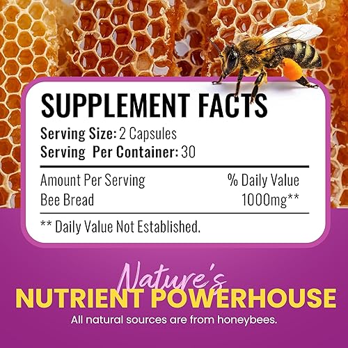 Miniatura 4 de HONEYBEEZONE Suplemento de pan de abeja, polen de abeja fermentado con perga de 500 mg, 60 cápsulas veganas, ambrosia, superalimento y salud de