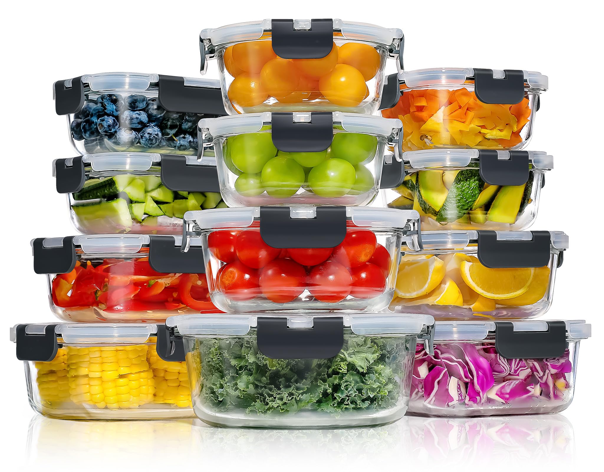 YASHE Set 12 Contenitori Vetro per Alimenti con Coperchi Ermetici, Senza BPA, Adatti a Microonde, Forno, Frigo e Congelatore, per Meal Prep, Nero