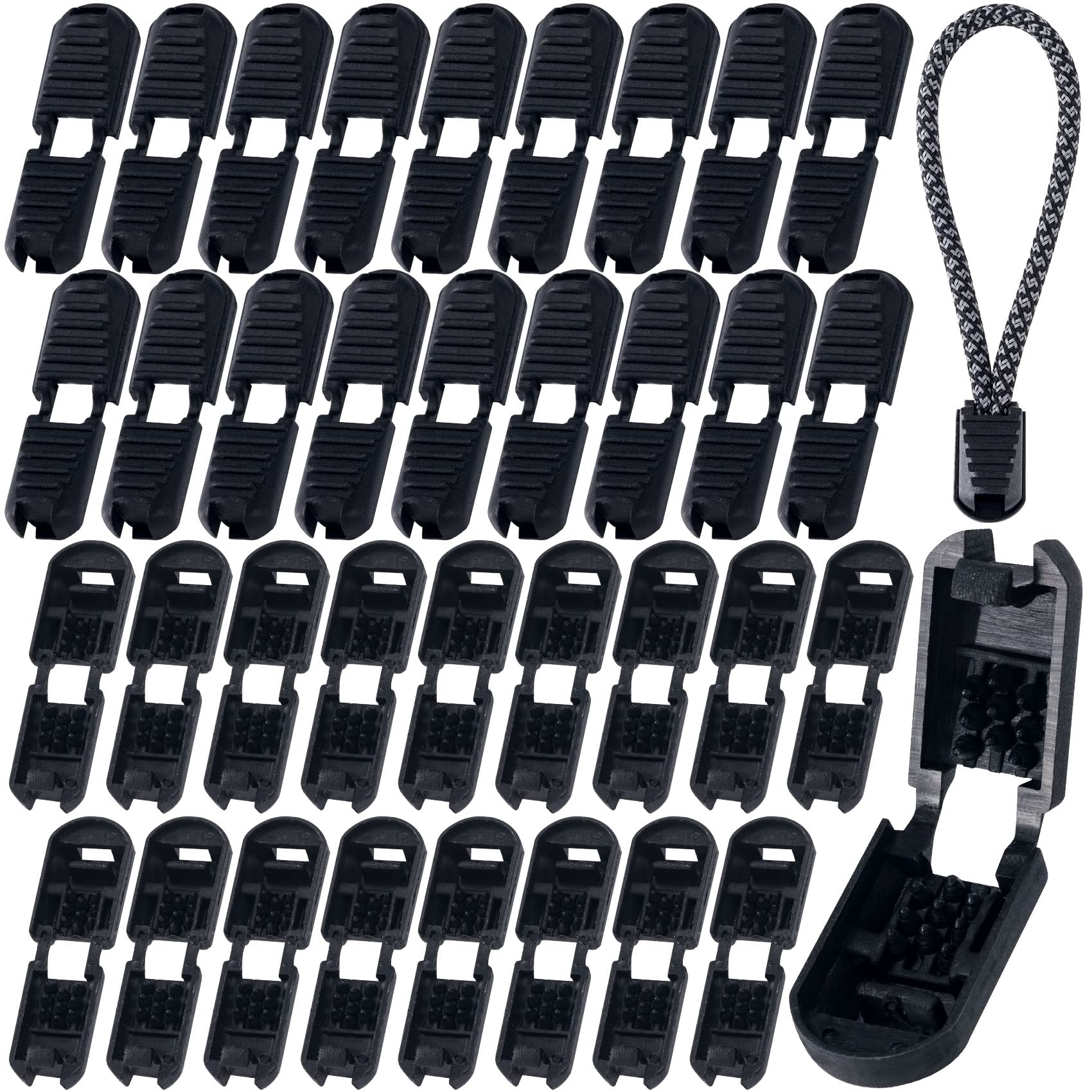 HINZIC 35 Pack Zipper Pull Cord Locks Ends, 18 Teeth Firm Grip Buckles Fastener Stopper Clips for Paracord Drawstrings Parachute Lanyard Loops Bracelets- Black