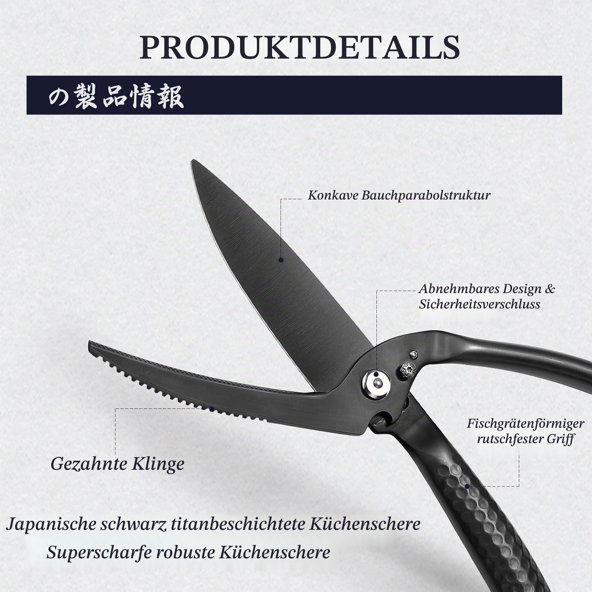 MITSUMOTO SAKARI 12 cm Japanische Küchenschere | Schwarz Titanbeschichtete Hochleistungs-Küchenschere, Mehrzweck-Edelstahl-Geflügelschere für Huhn, Fleisch, Gräten, Fisch