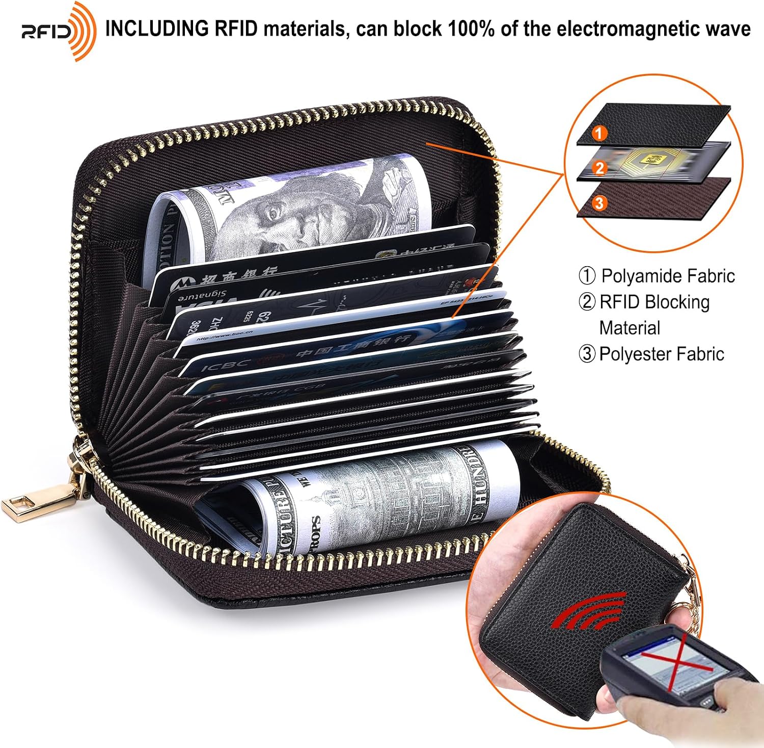 HerriaT Credit Card Wallet, Genuine Leather Zipper Coin Pockets Card Cases Holder for Men Women, RFID Blocking, KeyChain Wallet, Compact Size