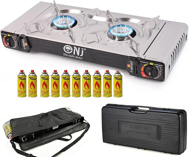 NJ SG-2S Double Camping Stove - 2 Burner Portable Gas Cooker Powered with Butane Canister Stainless Steel Surface Compact Carry Case and Bag Outdoor
