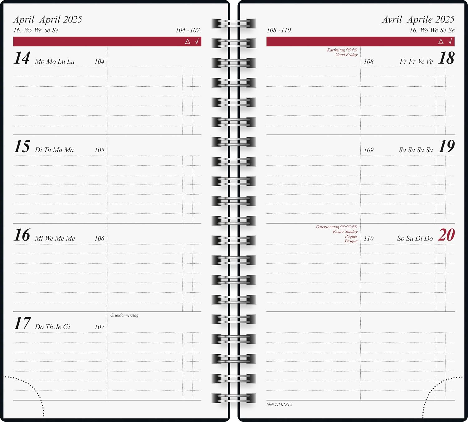 rido/idé 7014121915 Taschenkalender Modell Timing 2 (2025)| 2 Seiten = 1 Woche| A6| 176 Seiten| Glanzkarton-Einband| goldfarben