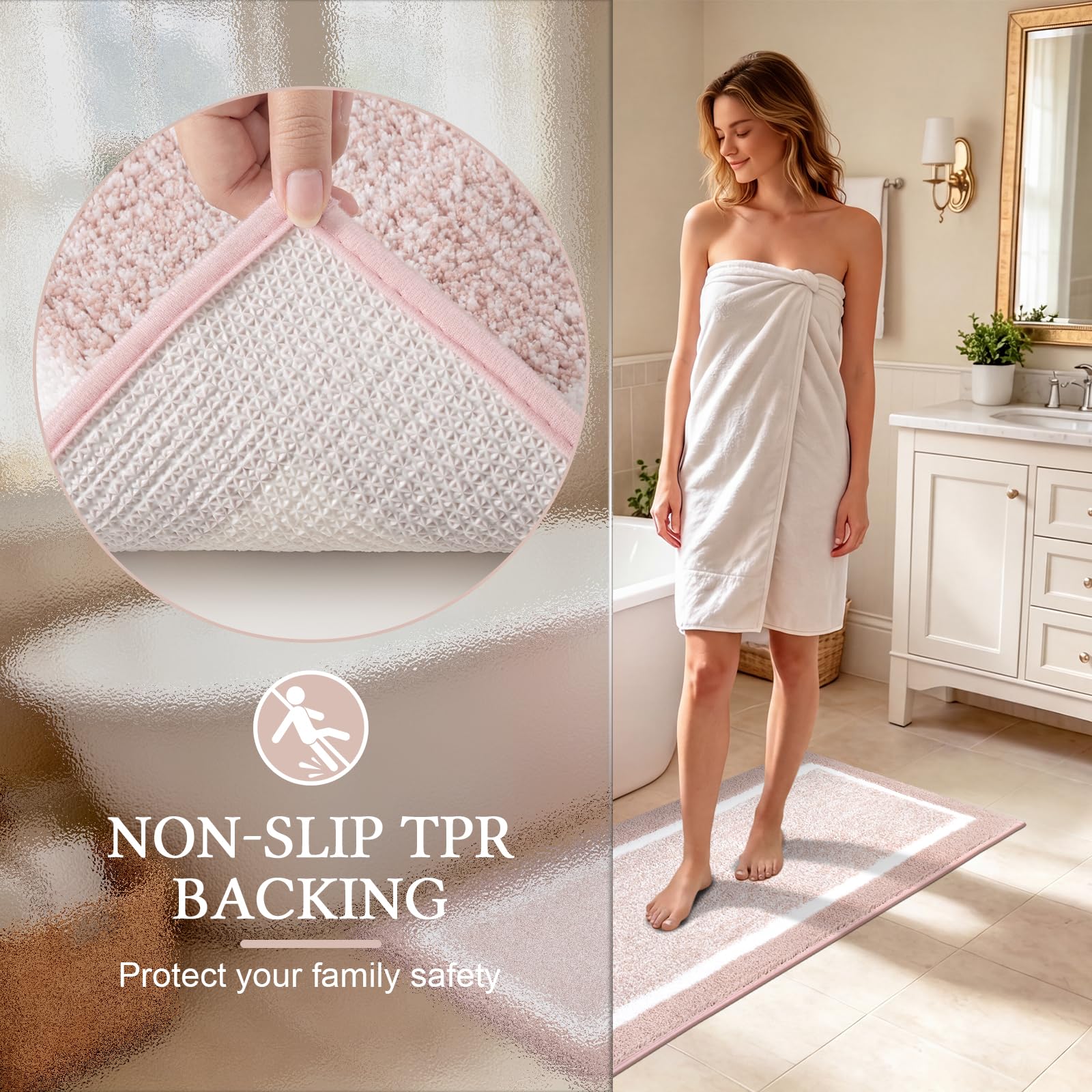 Pauwer - Juego de alfombras de baño, antideslizantes, absorbentes, para bañera y suelo, lavables a máquina, rosa polvoriento