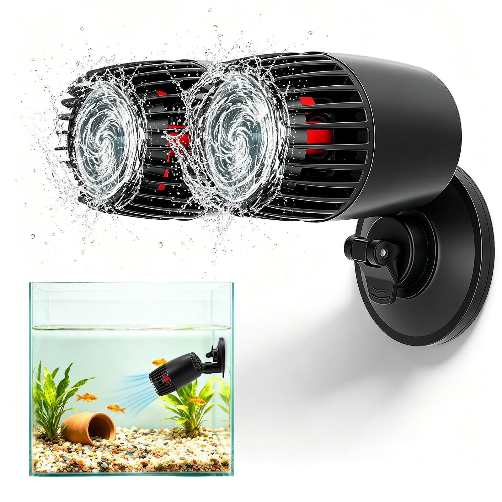 Aquarium Wave Maker Pump 25W, 2 * 2000L/H Double Head Aquarium Circulation Pump with Strong Suction Base, Ultra Quiet Fish Tank Marine Wave Maker, 360°Rotating, Submersible PowerHead for 300-900L