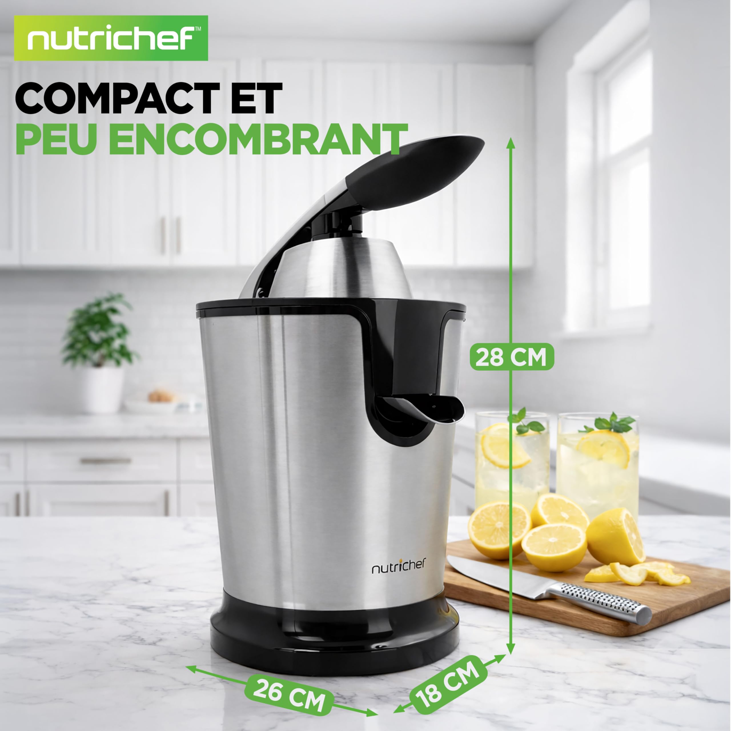 NutriChef Presse-Agrumes Électrique en Acier Inoxydable – Presse-Jus 160W, Presse-Agrumes & Machine à Jus – Facile à Nettoyer – Inclut Poignée & Cône pour Extraction Maximale de Jus