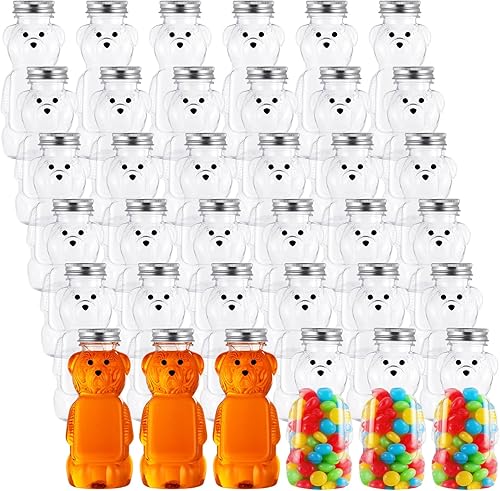 Mifoci 36 vasos de plástico de 8 onzas con tapa superior de rosca, recipiente de miel transparente con tapa de rosca, forma de botella de oso vacía