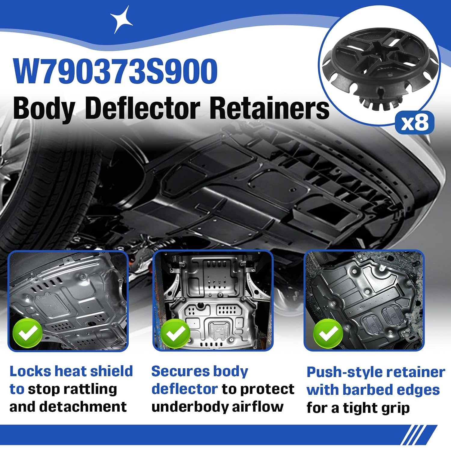 8 Pcs Body Deflector Retainers – Heat Shield Clips – Replacement Part W790373S900 – Anti-Rattle, Airflow Protection, Barbed Push-Type Grip