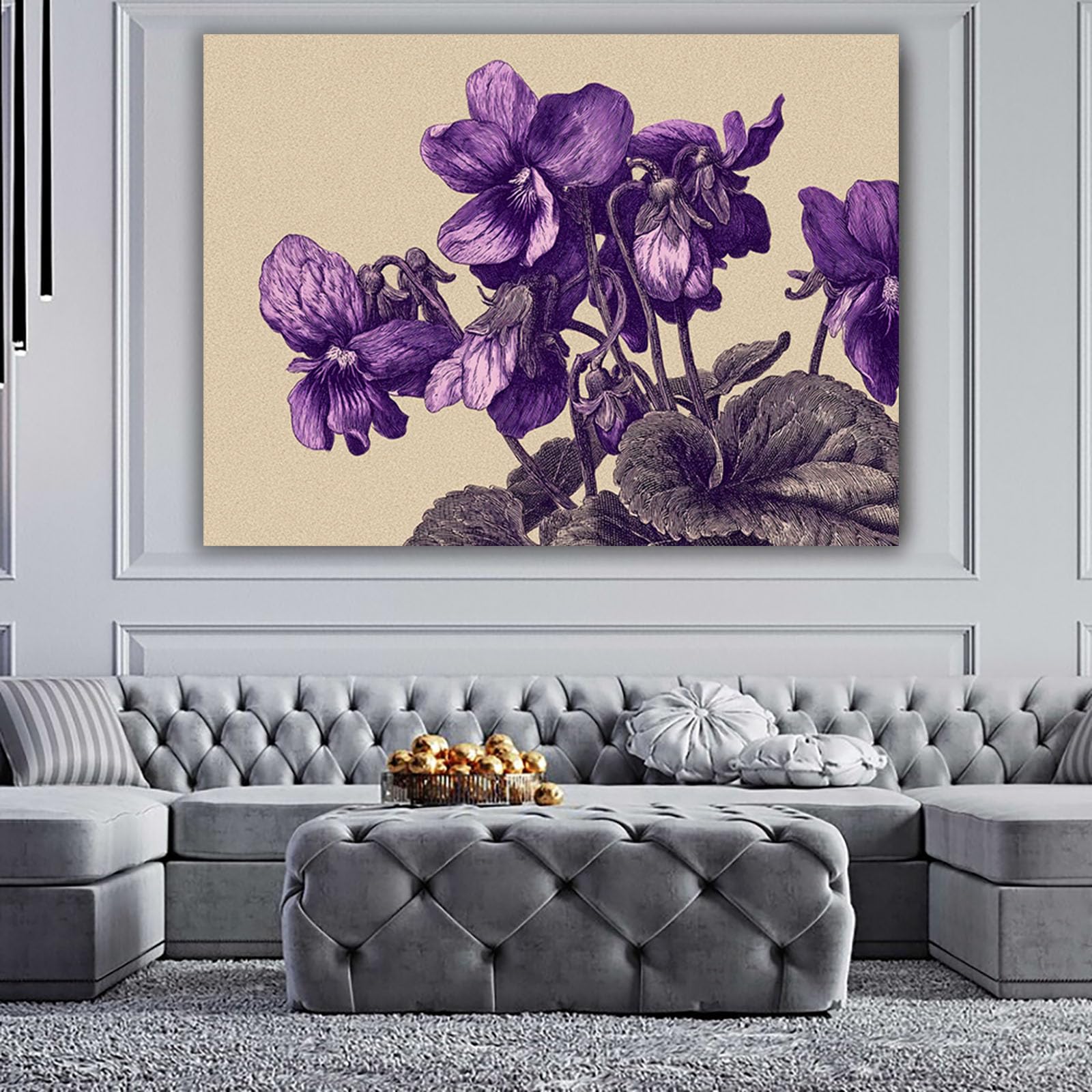 WUFIEA Semplice arte botanica Stampe su Canvas Disegno a tratteggio viola per Camera da Letto Agriturismo Soggiorno Bagno(Violetta)-40x60cm Incorniciato