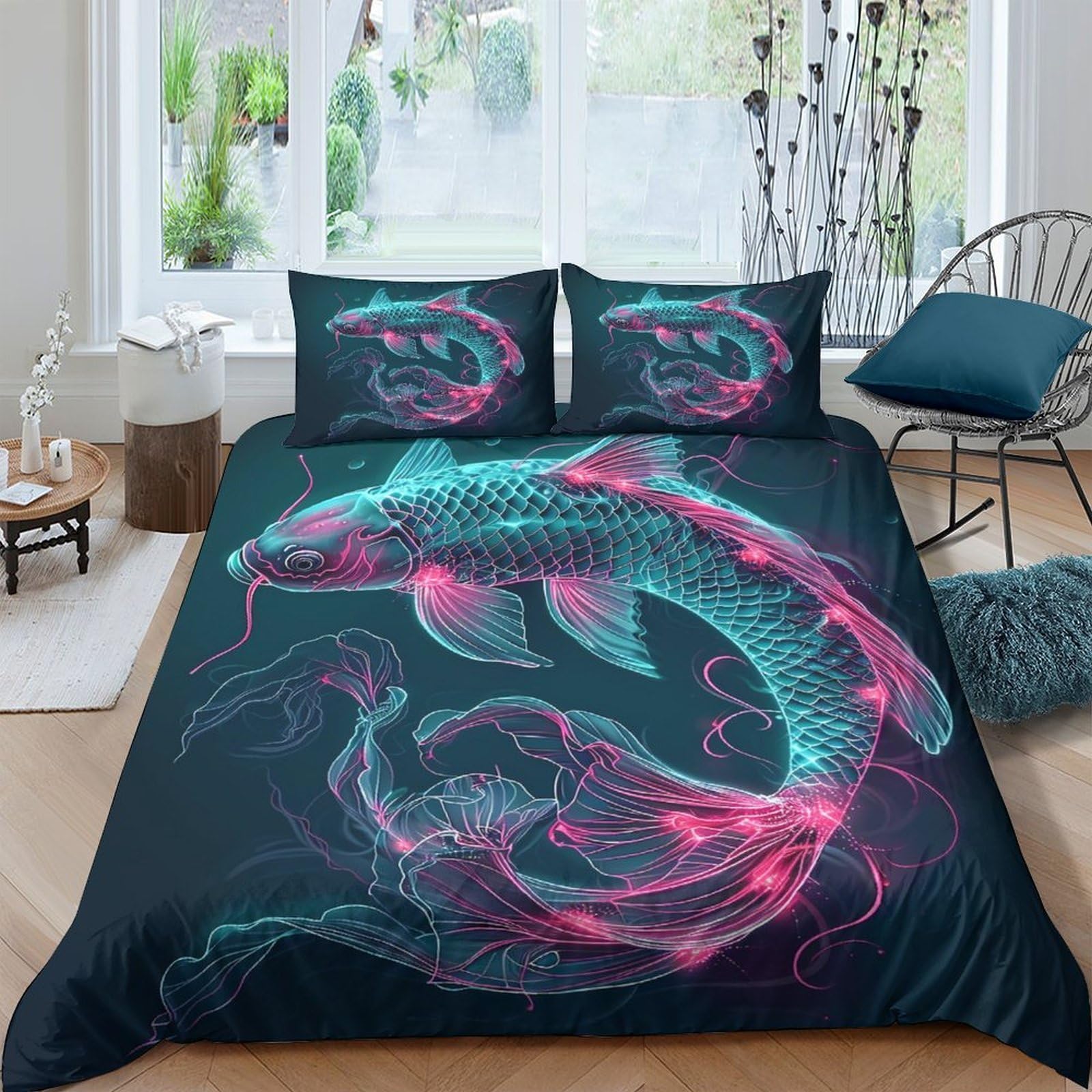 GPLZQXKJNH 3D Printed Neon Koi Fish Duvet Cover Microfiber Soft Breathable Abstract Wave Bedding Set with 2 Pillowcases for Bedroom Decor Single（135x200cm）