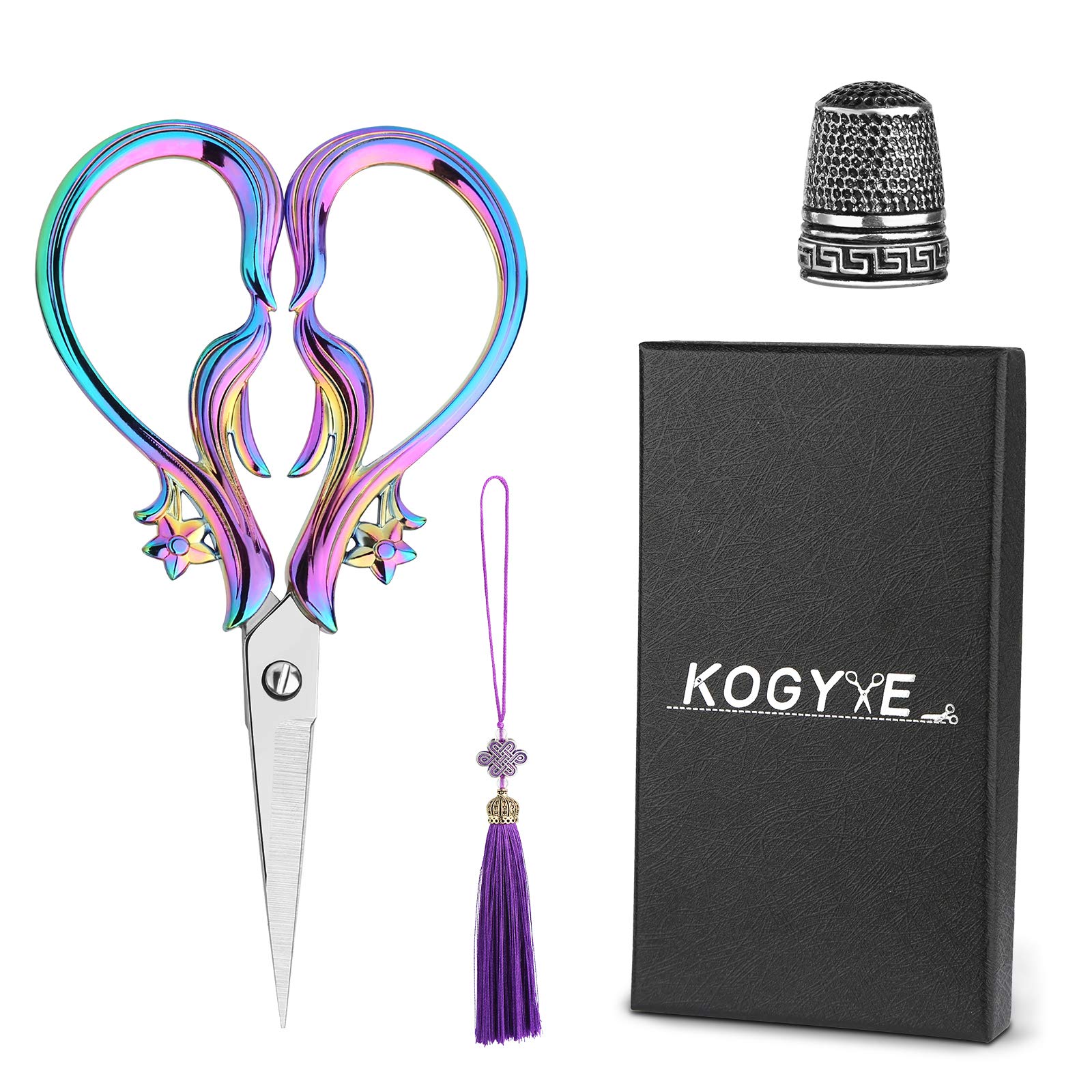 Vintage European Style Embroidery Scissors, Sewing Scissors Sharp Tip Stainless Steel, DIY Tools Dressmaker Shears with Tassel,Thimble, Tailor Scissor for Fabric, Embroidery, Needlework (Rainbow)