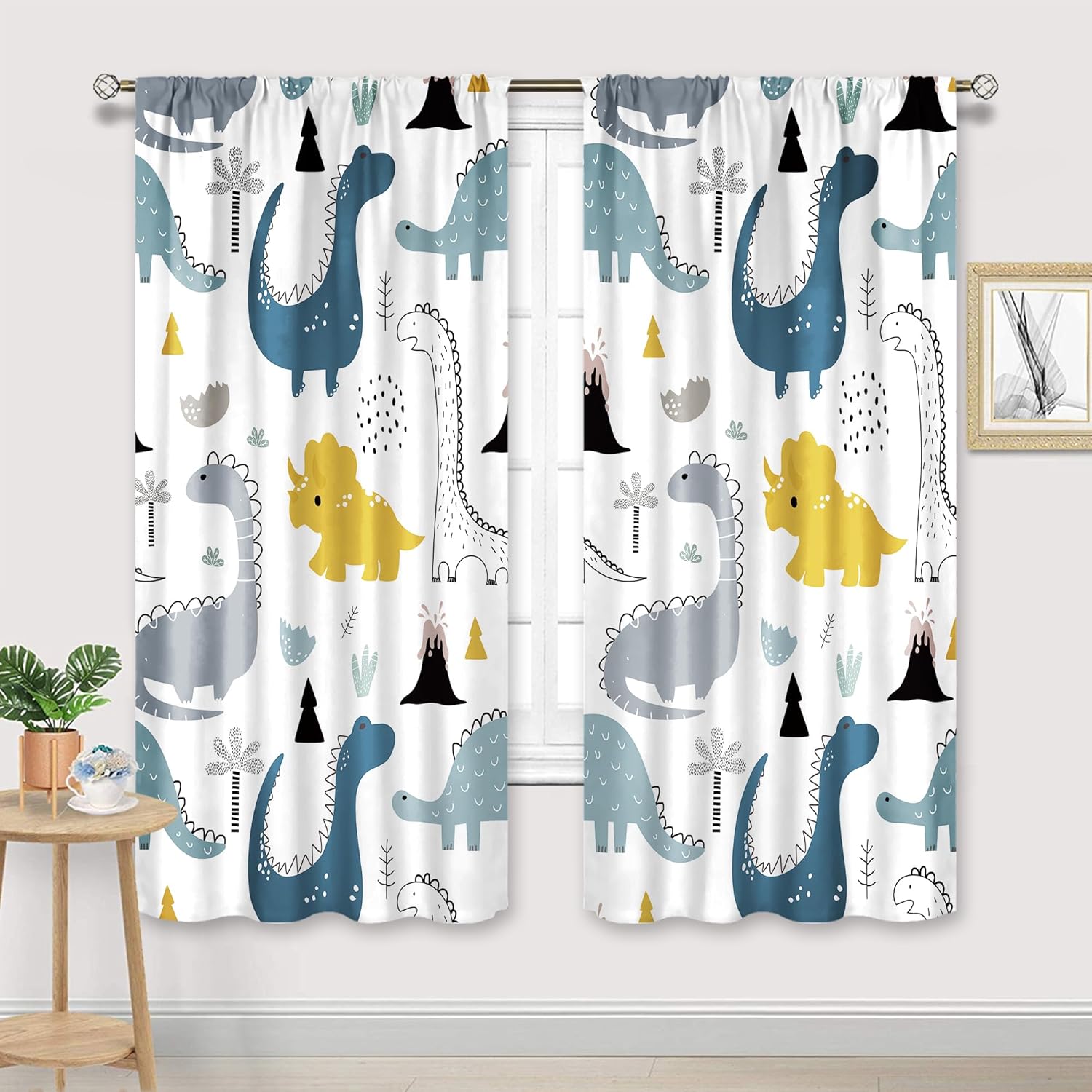 Cinbloo Kids Dinosaur Curtains 42Wx63L Inch Rod Pocket Cartoon Dino Baby Boys Bedroom Decor Nursery Children Cute Navy Blue Safari Animal Art Printed Living Room Playroom Window Drapes Fabric 2 Panel
