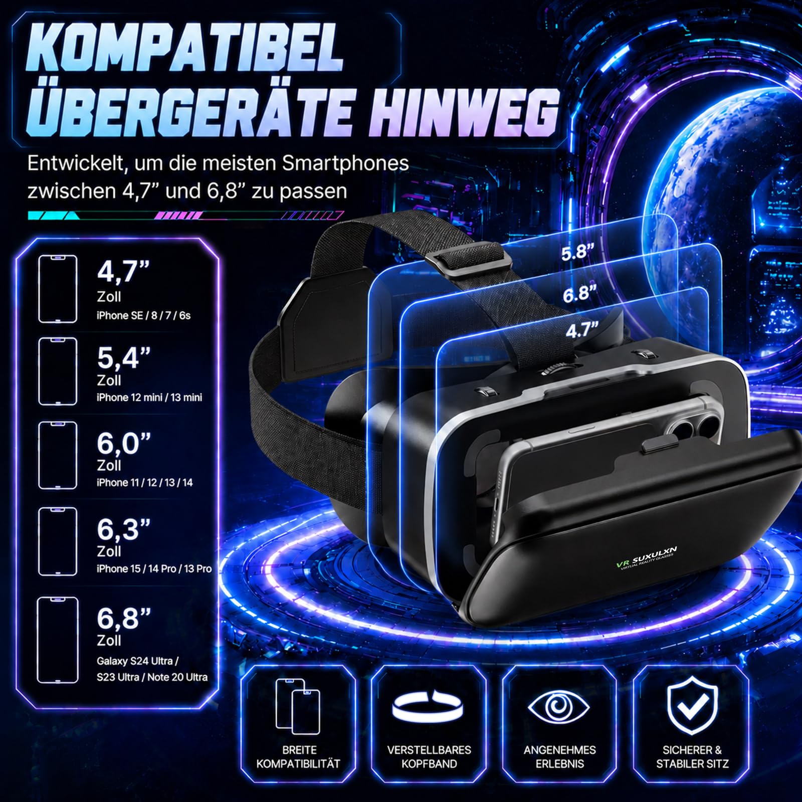 VR Brille Handy, Anfänger 3D Virtual Reality Headset für iPhone & Android 4,7-6,8 Zoll, HD Anti-Blaulicht-Linsen, IPD/Objektabstand einstellbar, ergonomisch für Spiele Filme Kinder 8-16 Jahre
