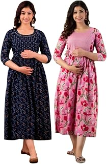 Women's Cotton Printed Maternity Gown Feeding Nighty A-line Maternity Dress Kurti Gown for Women (Po2-Gown-005) Price In India