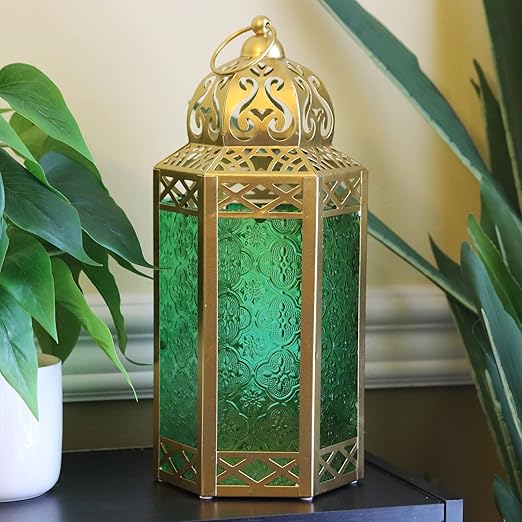 Vela Lanterns 12" Metal Moroccan Decorative Candle Lantern Holders for Hanging or Table, Indoor Home Decor, Outdoor Patio or Porch, Weddings, Gold, Green Glass, Large