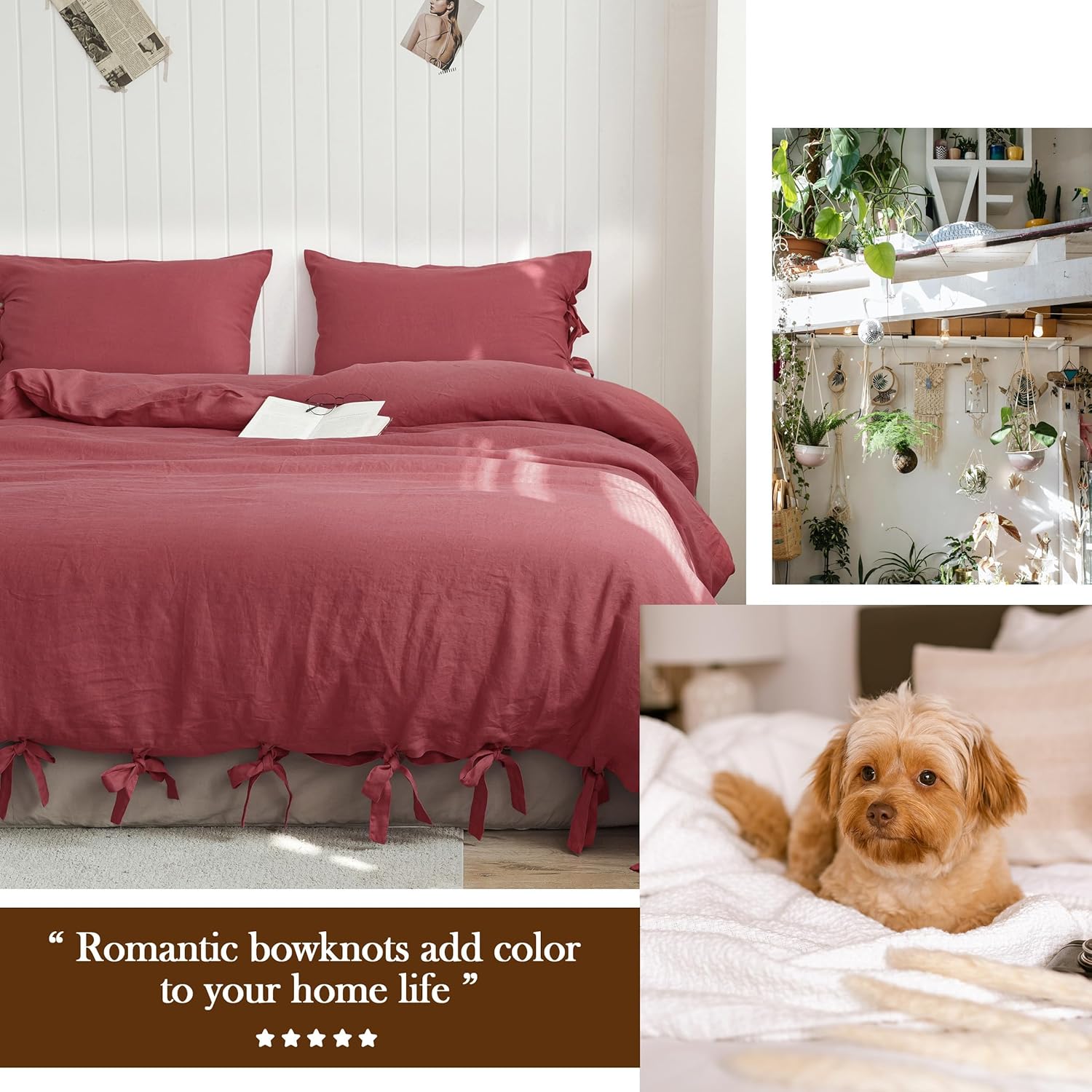 Simple&Opulence 100% French Linen Duvet Cover Set, 3 Pieces Belgian Flax Breathable Bedding, King Size 104''x92'' (1 Comforter Cover+2 Pillowshams) with Tie Closure Style, Red