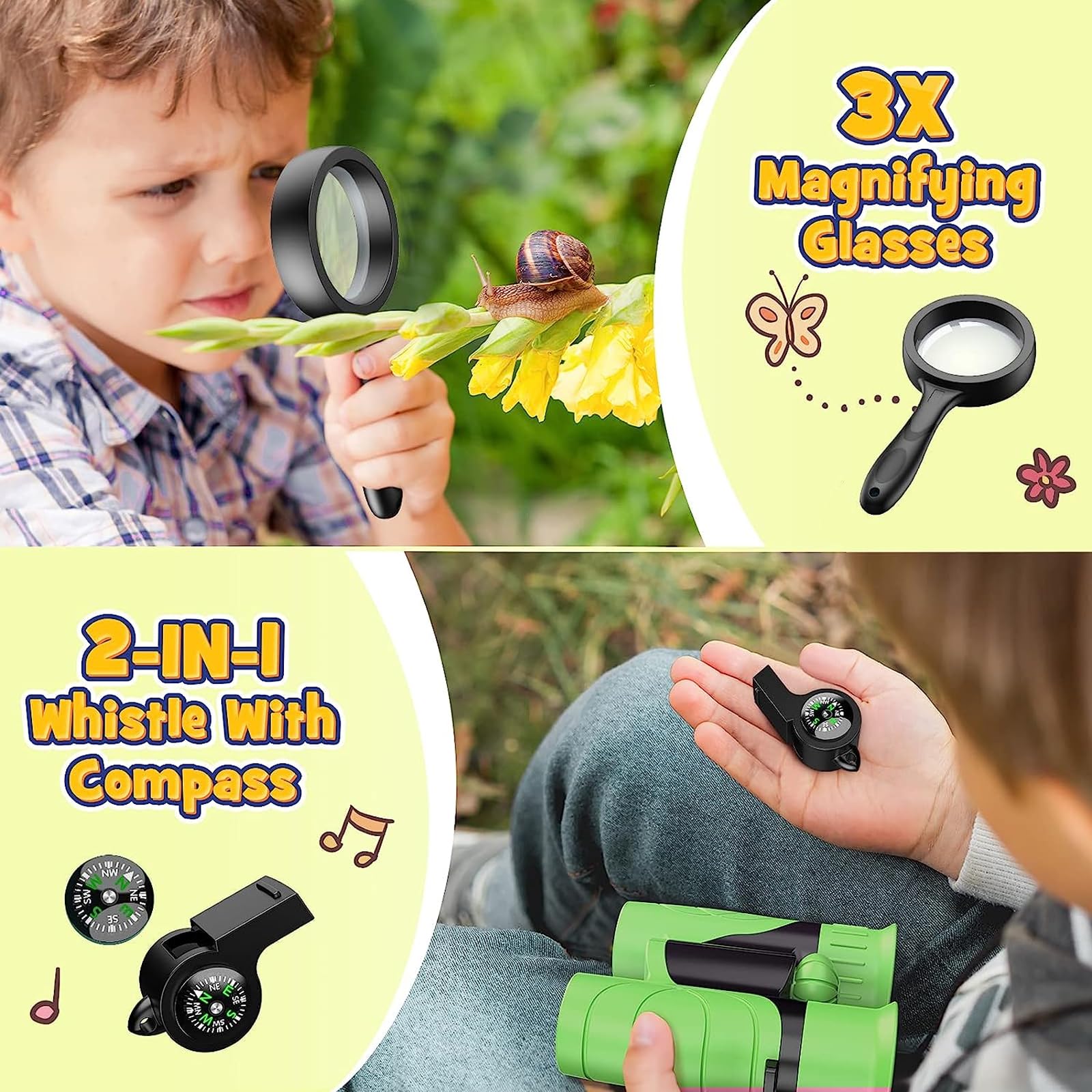 Dislocati Binocolo Bambini, Kit Esploratore 3-10 Anni, Regali 3-10 Anni, Lente Ingrandimento, Giochi Maschio, Bussola