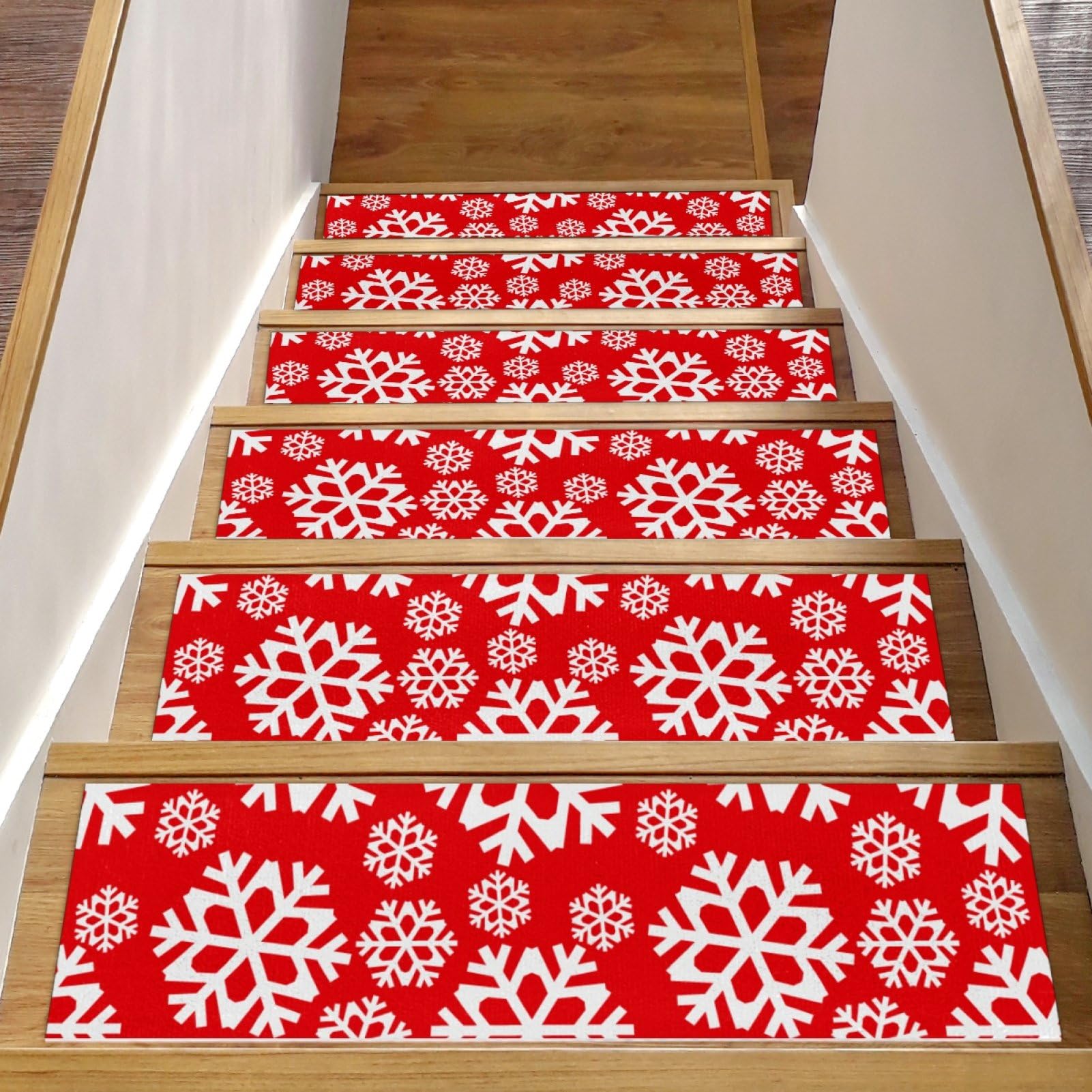 Christmas Stair Treads for Wooden Steps Non Slip Carpet Stair Treads Indoor Stair Runner Snowflakes Stairs Decoration Safety Mats for Elder Dogs Holiday Capet Runner for Stairs(15Pack)