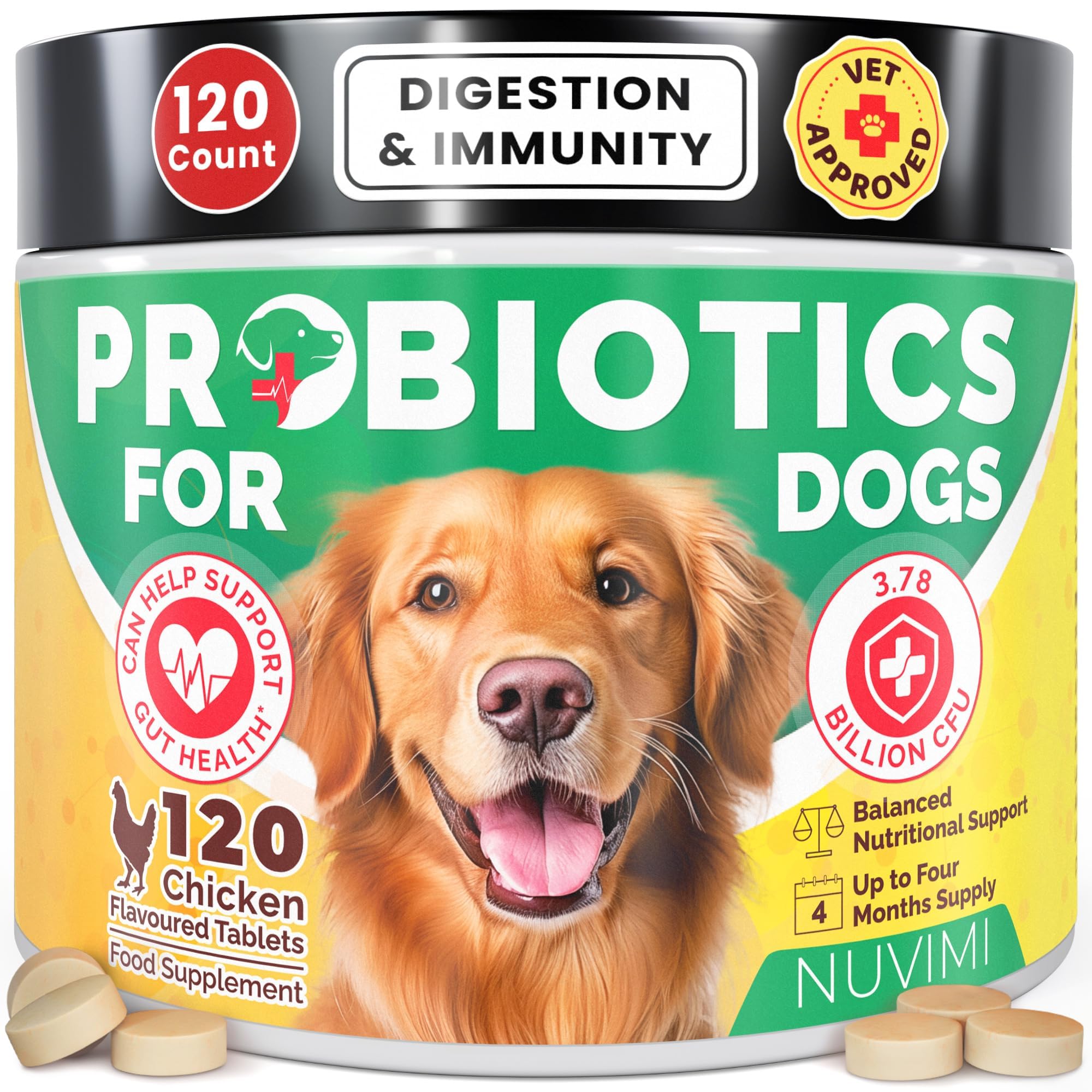 Probiotics for Dogs, 120 Chicken Flavor Dog Probiotic & Prebiotic Tablets, Immune Boost & Digestive Support for Upset Tummy, Loose Stools & Bloating, 1-4 Month Supply