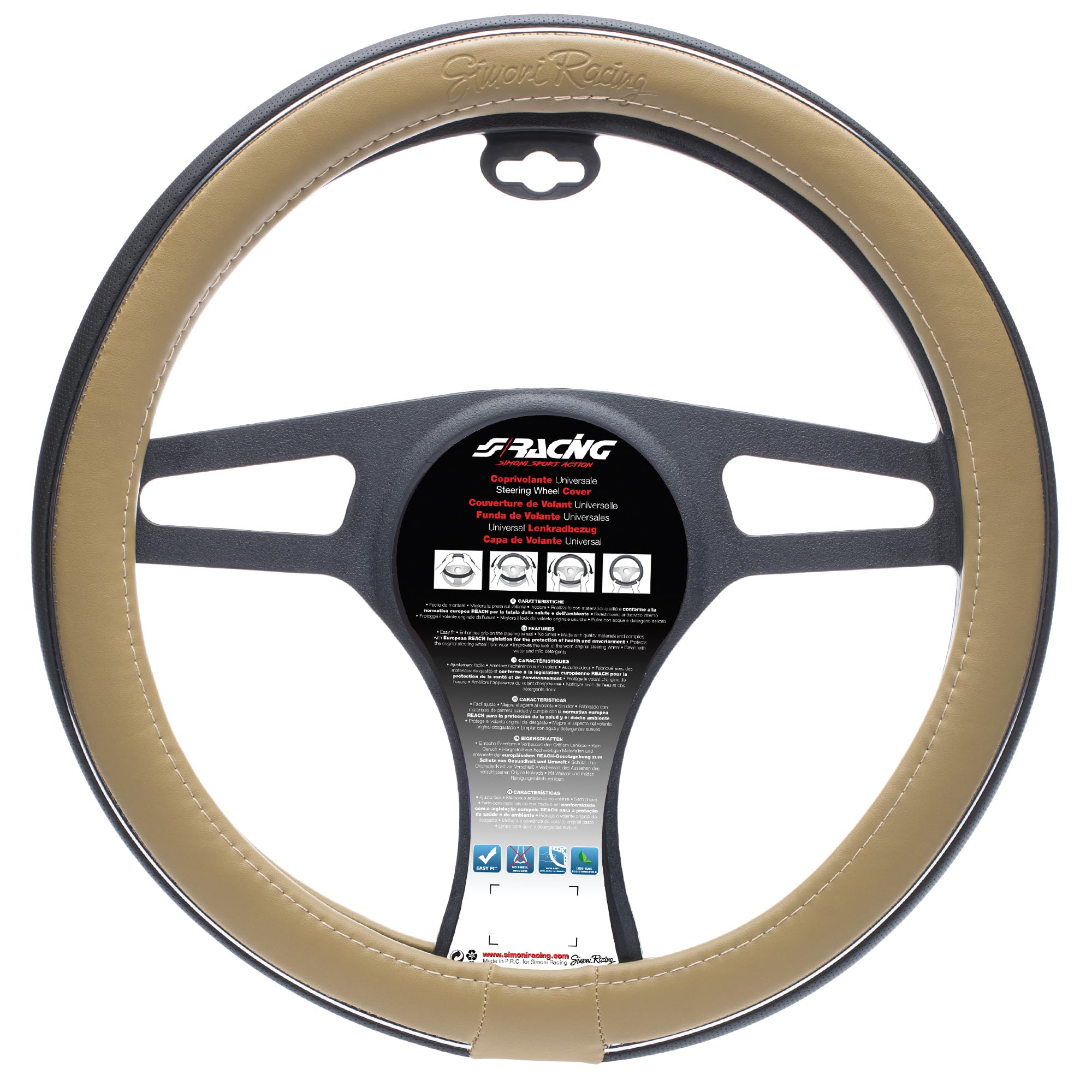 Couvre Volant Simoni Racing Facile Universel Rouge Couture En Cuir Noir