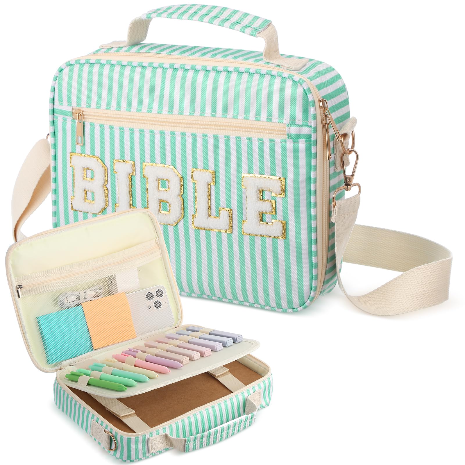 Dansydaisy Bible Cover Case for Women Large Chenille Letter Stripe Church Bible Bag with Shoulder Strap for Women(Green) — image 1