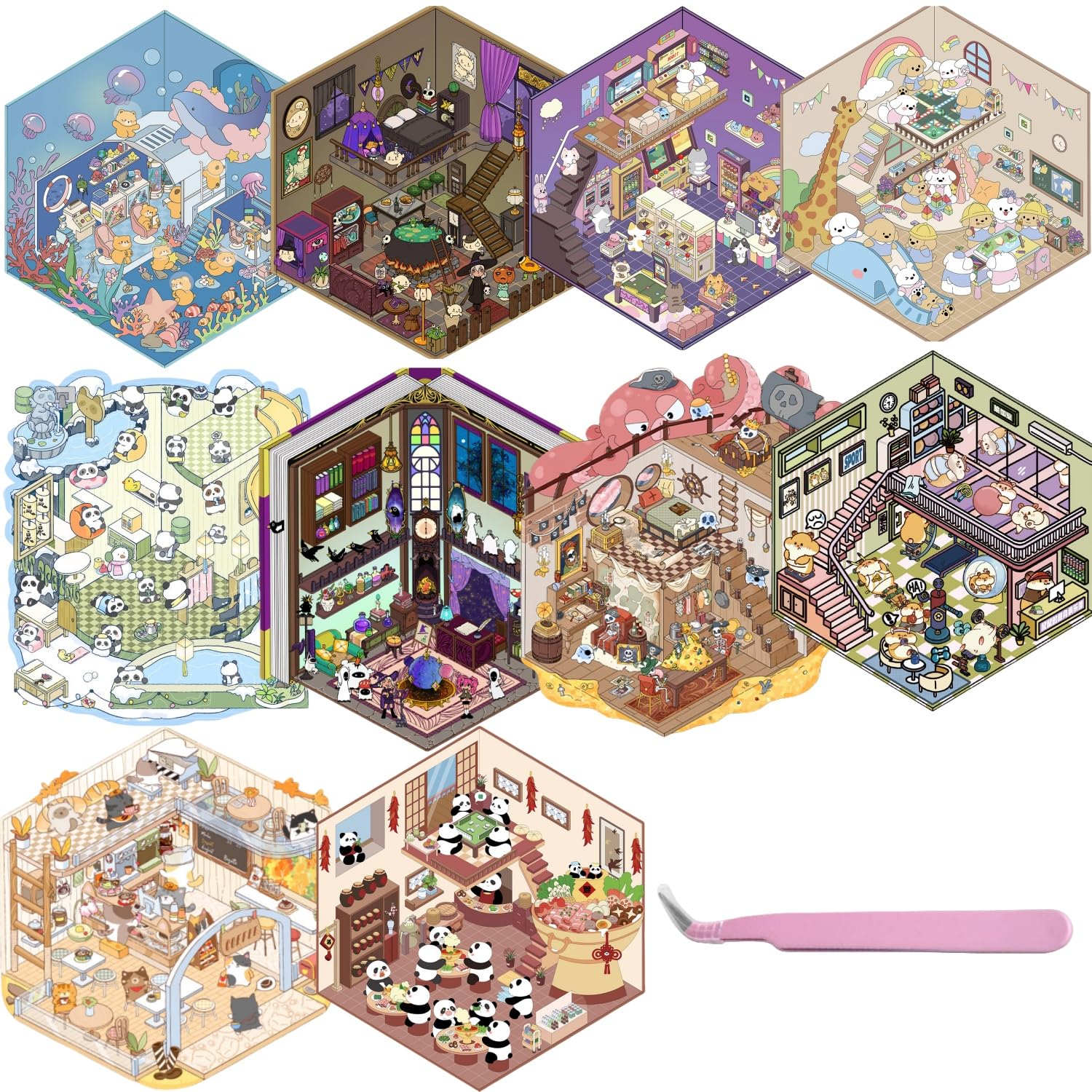 10 Sets DIY 3D House Stickers DIY 3D Sticker Scene for Kids Make Your Own Mini Shop Scenes Stickers for Kids Cute Cartoon Animal Sticker for Adult Relief Stress Pass The Time