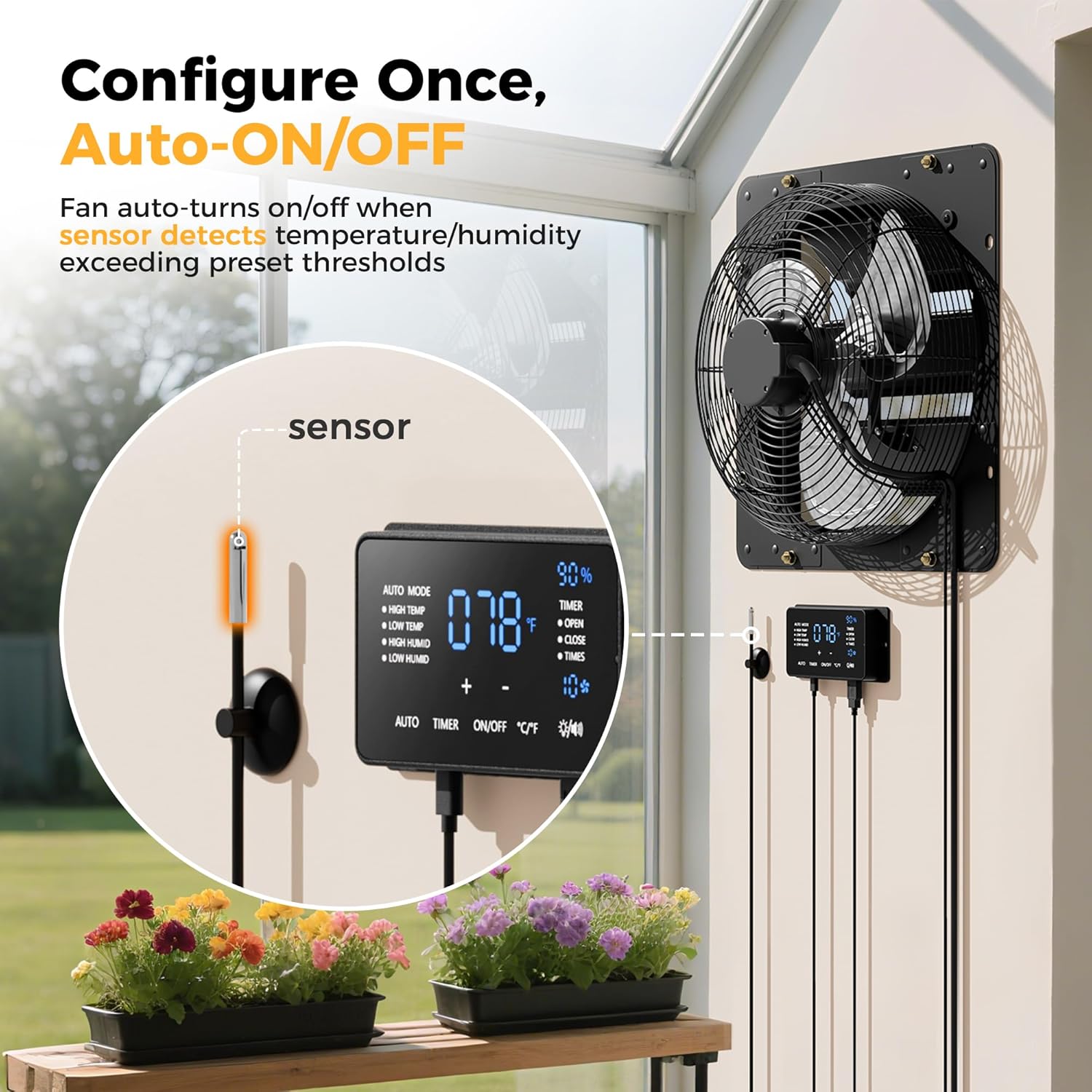 14 Inch EC Motor Shutter Exhaust Fan, 6 Inch Large Touchscreen Controller for Temp Humidity and Speed Control, 10-Speed Wall Mount Fan for Attic, Greenhouse, Garage, Chicken Coop Ventilation