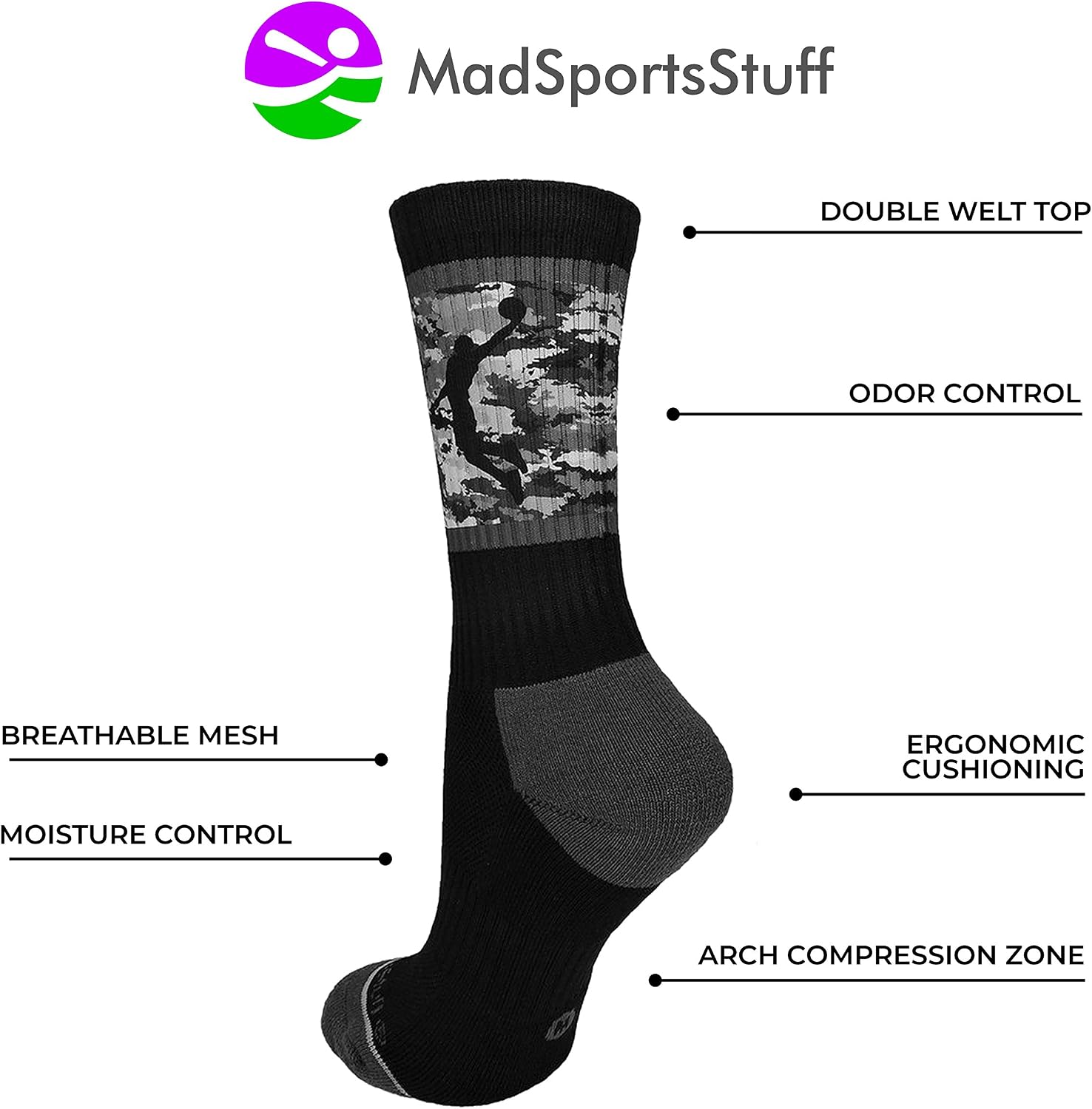 MadSportsStuff Basketball Socks with Player on Camo Athletic Crew Socks (Black/Graphite Camo, Medium)