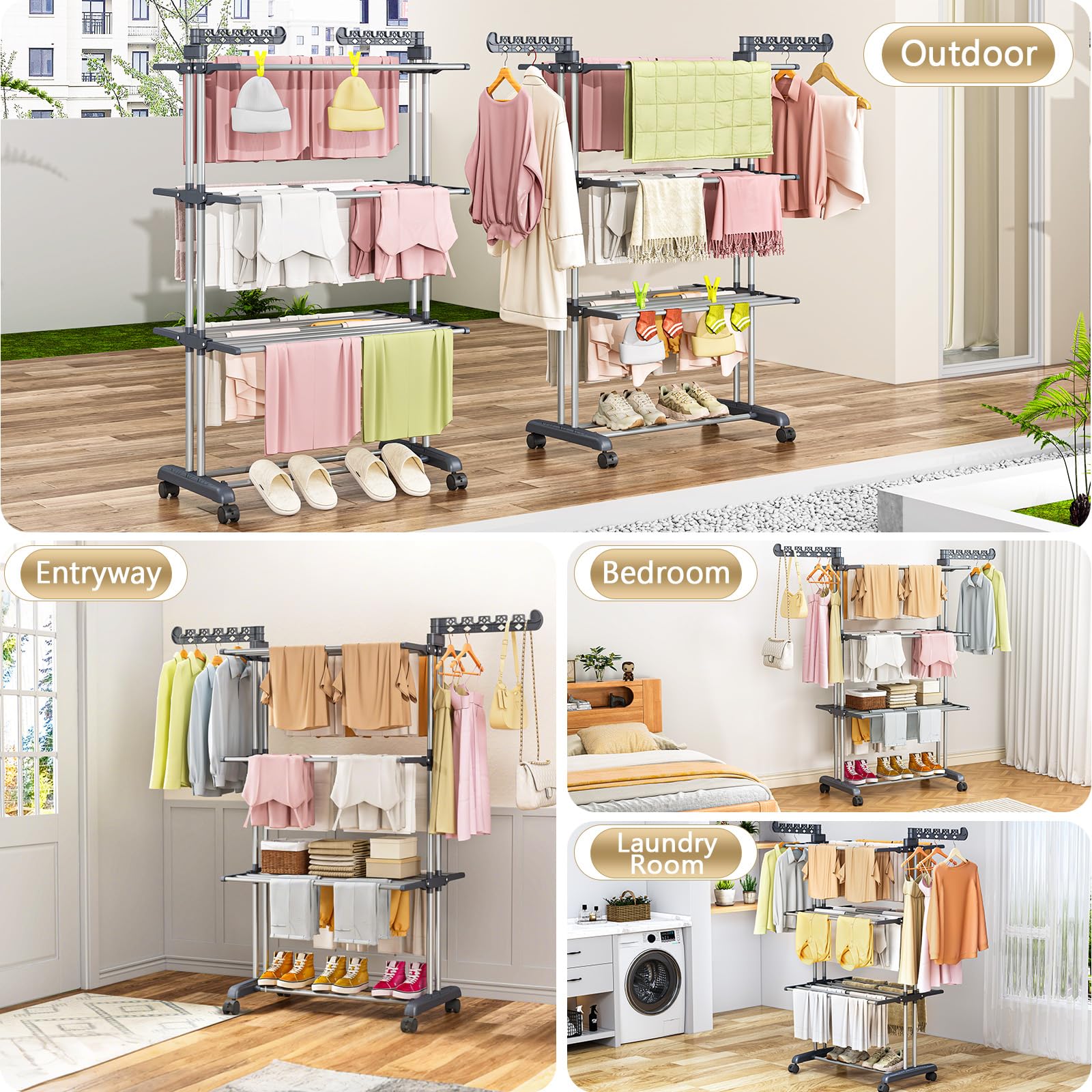 PurKeep Stendino a 4 Ripiani, Grande Capacità – Upgrade Stendino Con Ruote, Stendibiancheria Pieghevole a Torre in Acciaio Inox, Stabile Verticale per Interni/Esterni, Salvaspazio, Grigionero