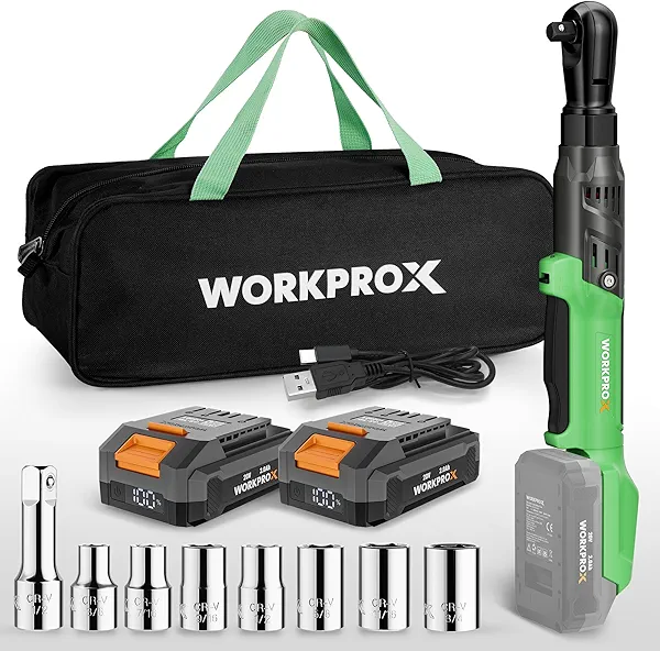 WORKPROX Electric Ratchet Wrench 1/2" Set, 20V Cordless Ratchet Wrench Kit, 74Ft-lbs, 250RPM, Battery Powered Ratchet with LED Light, 2-Pack 2000mAh Batteries, 7 Sockets & 3" Extension Bar s