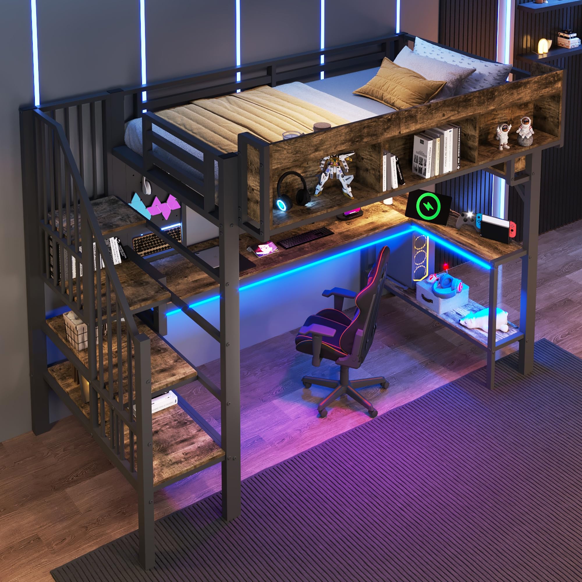 Merax Letto a soppalco in metallo, 90 x 200 cm, con scrivania angolare, spazio e piastra forata, presa USB di tipo C e LED, scala di sicurezza con gradini, per bambini e ragazzi, senza materasso