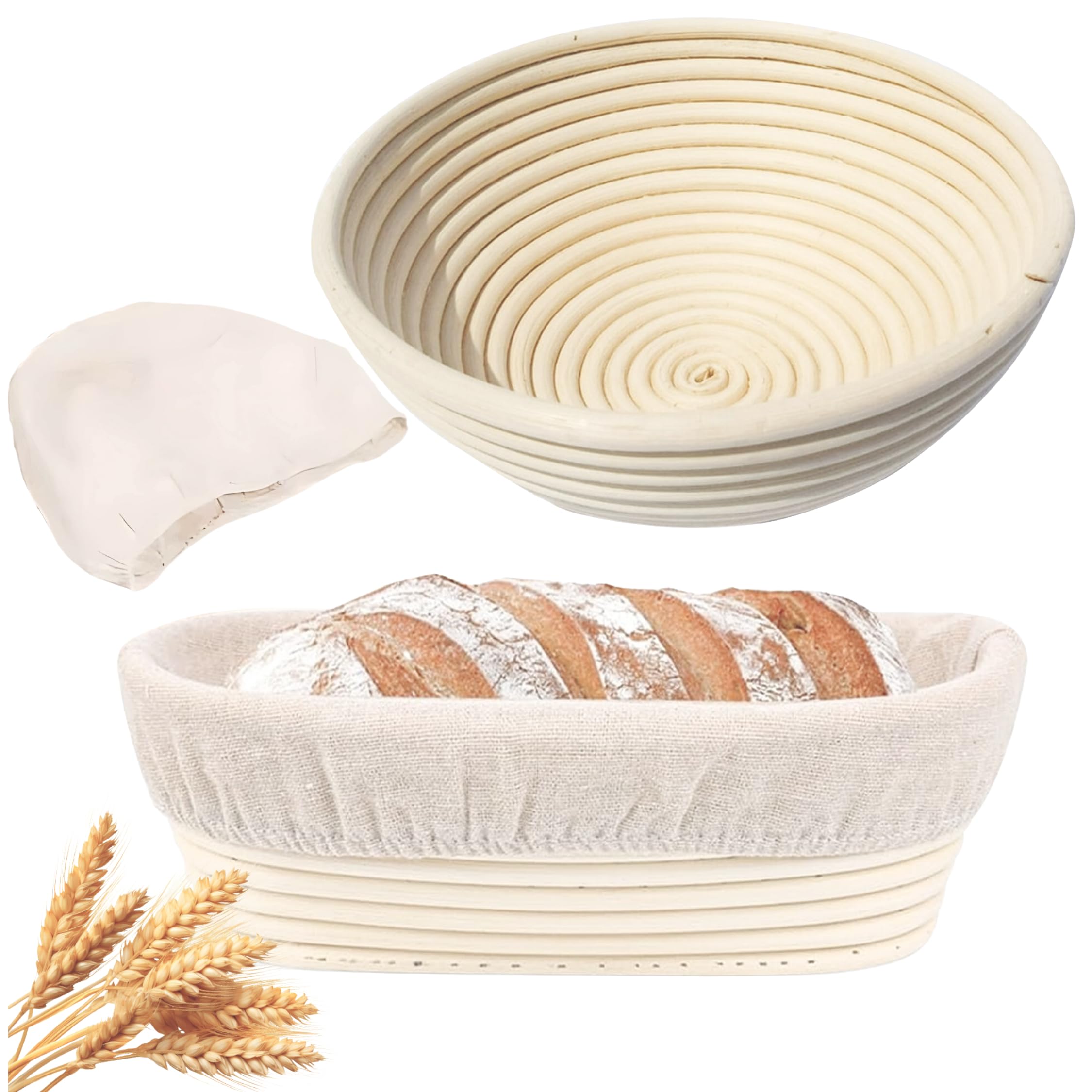 2-częściowy zestaw koszy do garowania chleba z naturalnego rattanu (okrągły Ø 24 cm i owalny 34 x 14 cm) – ręcznie wykonane koszyki do pieczenia chleba na zakwas i ciasto drożdżowe, w zestawie z