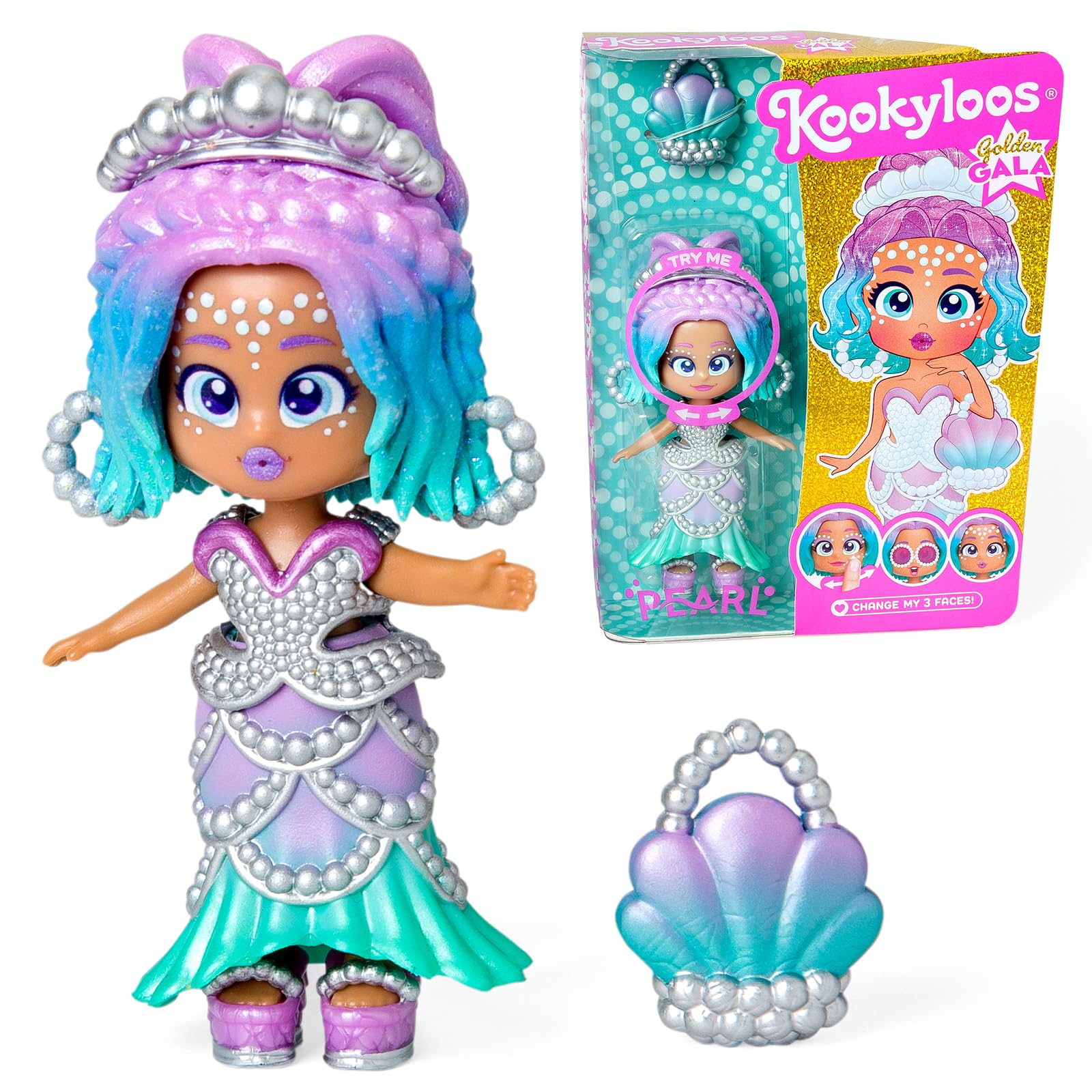 KOOKYLOOS Golden Gala PEARL Series, Collectable doll Pearl, 3 different faces, fashionable clothes, shoes and 1 accessory