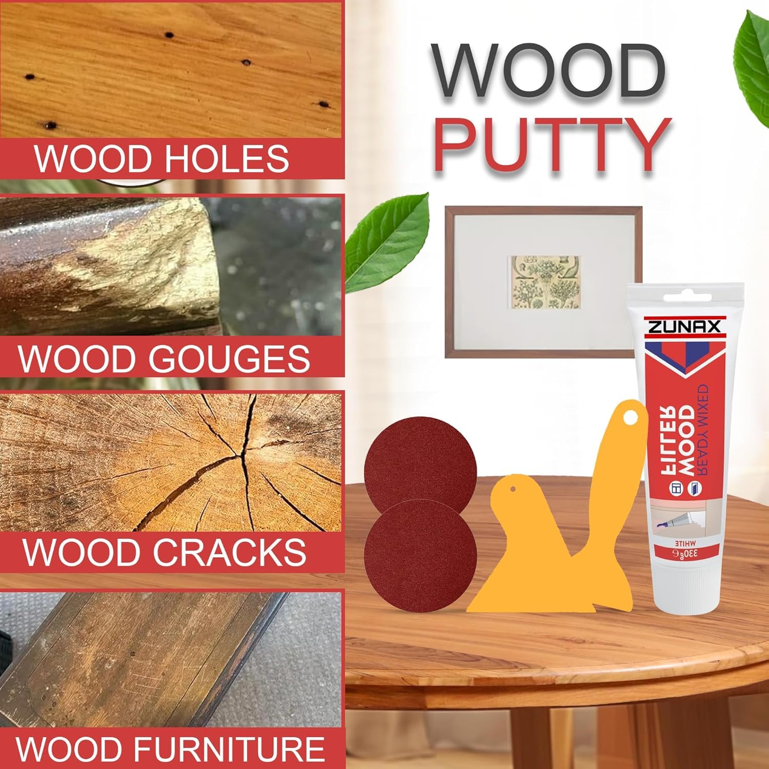 Multipurpose Ready Mixed Wood Filler 330gm Tube with 2 Spreaders and 2 Sandpapers, 5pcs Wood Filler Set - Image 3
