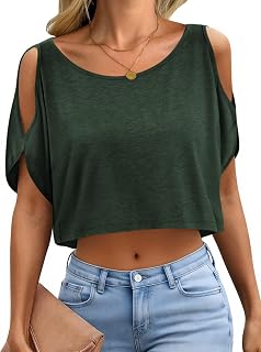 Hilinker Women Cut Out Crop Tops Sexy Going Out Tees Summer Cold Shoulder T Shirt