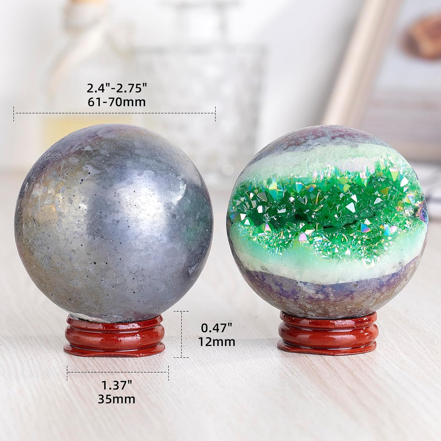 SUNYIK 61-70mm Green Titanium Coated Quartz Geode Ball Sphere with Stand Crystal Opening Cornucopia Orb Ball Cluster Specimen Display for Decor Feng Shui Meditation