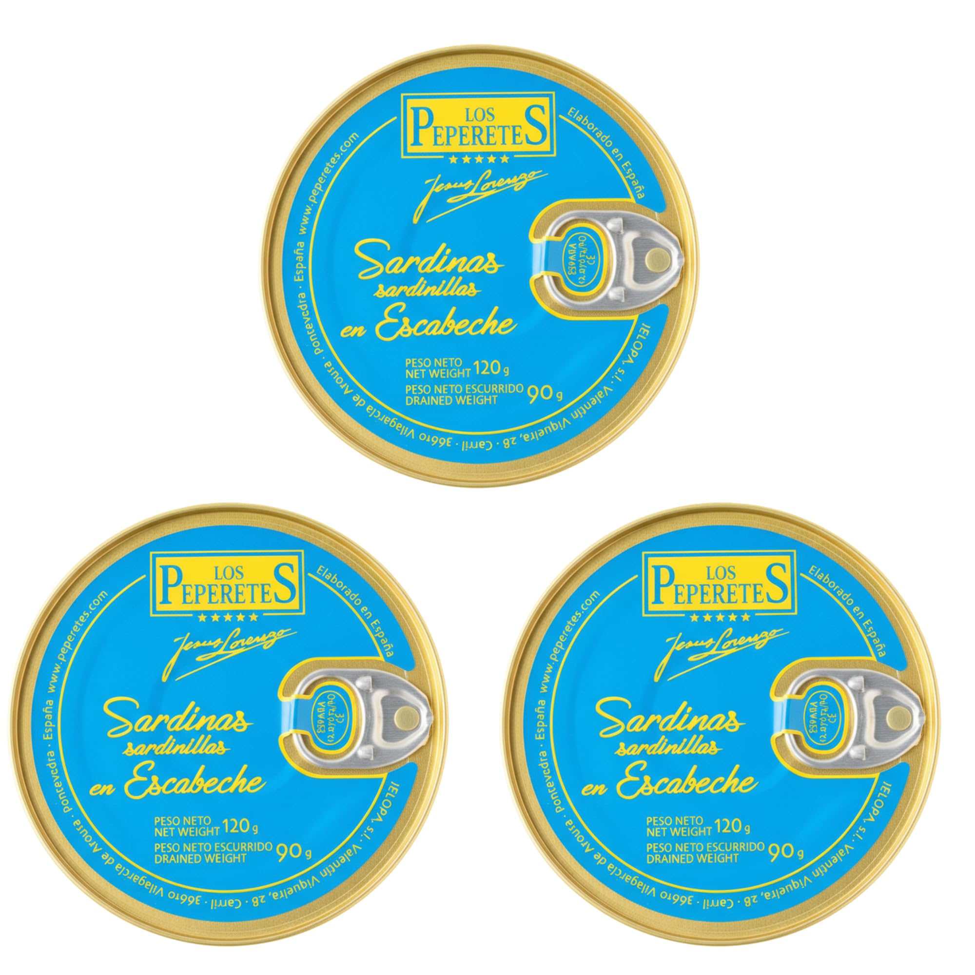 LOS PEPERETES x3 Lata Sardinillas en Escabeche 120 g | Sardinas Pequeñas Gourmet Gallegas | Conserva Artesanal en Aceite de Oliva y Vinagre | Pescado Azul del Atlántico | Sabor Tradicional de Galicia
