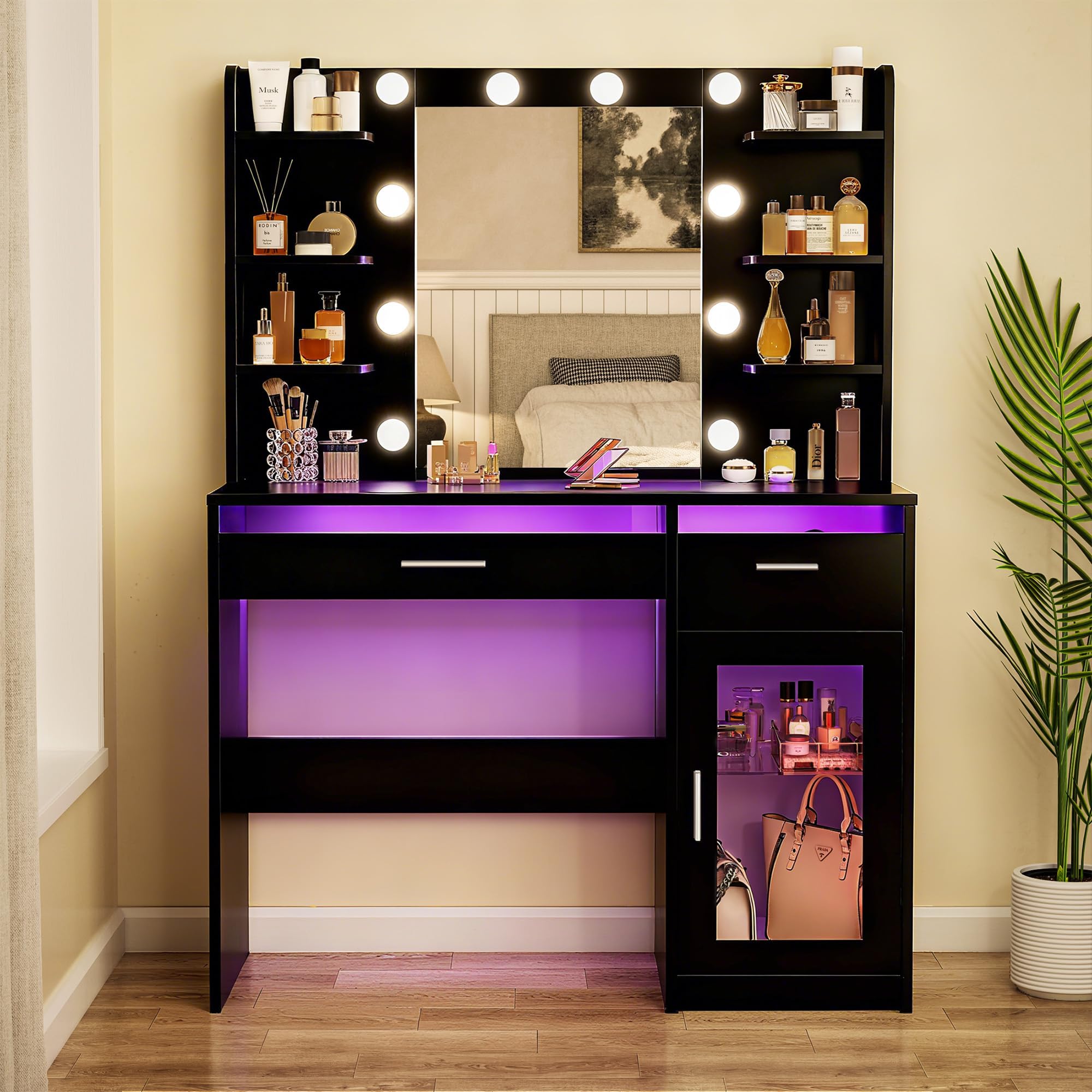 HUAHUU Vanity Desk with Mirror and Lights, Makeup Vanity Desk with Lights 3 Colors, Transparent Top Vanity with 2 RGB Drawers, 6 Shelves, Large Tempered Cabinet, Power Outlet, for Bedroom, White: Black