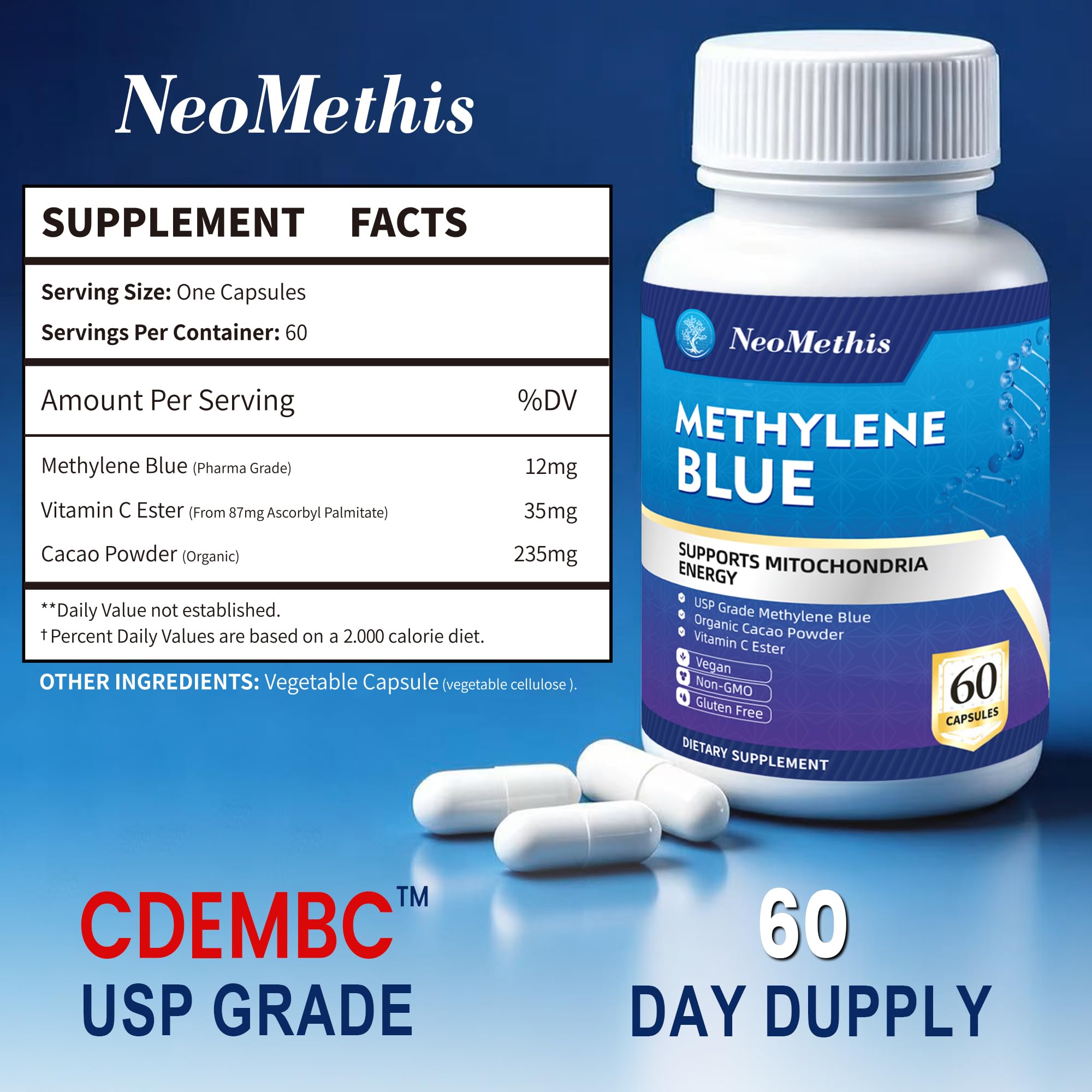 Methylene Blue Capsules, USP Grade | High Purity Formula with Vitamin C Ester | Memory, Focus & Natural Energy Support | Third Party Tested, 60 Capsules — Amazon image 2