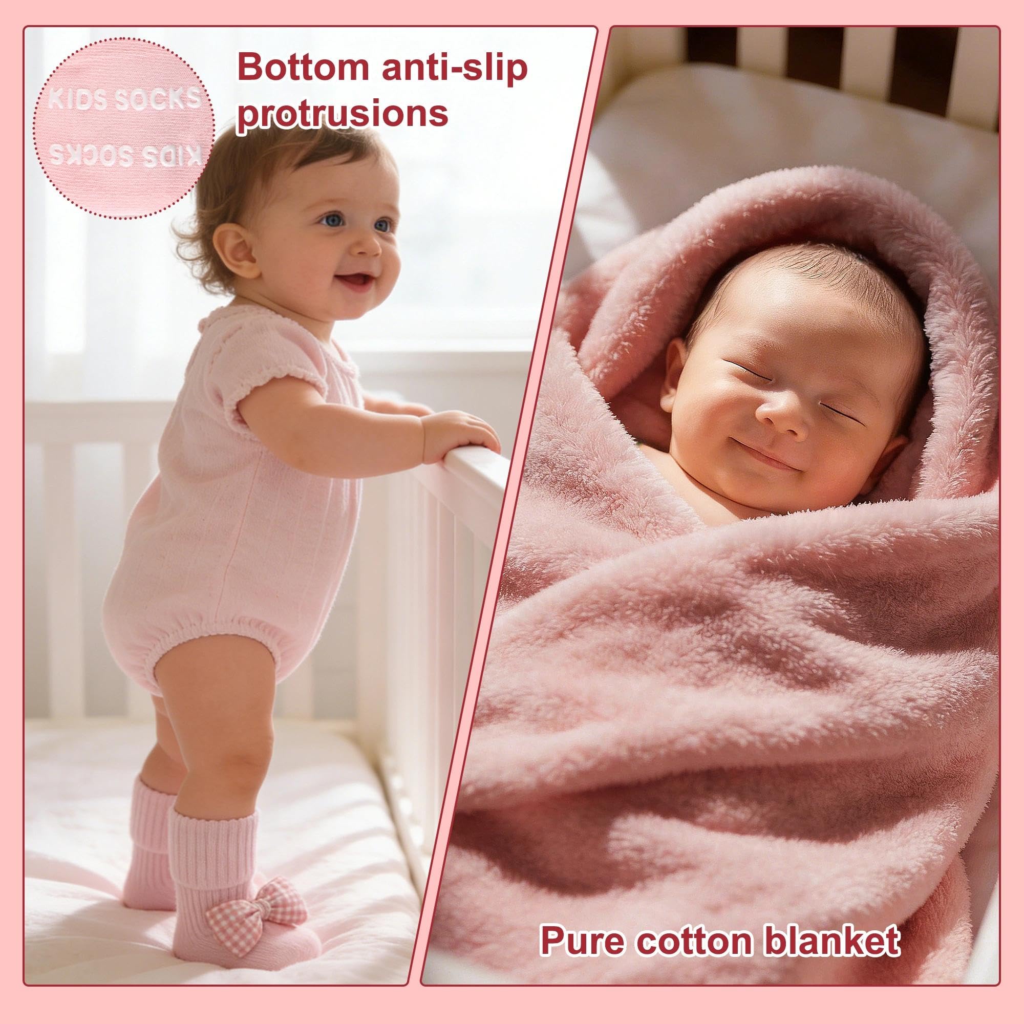 Coffret Naissance Mixte Bébé avec Couverture 70x100 cm Doudou Hochet Bavoir Chaussettes Rose