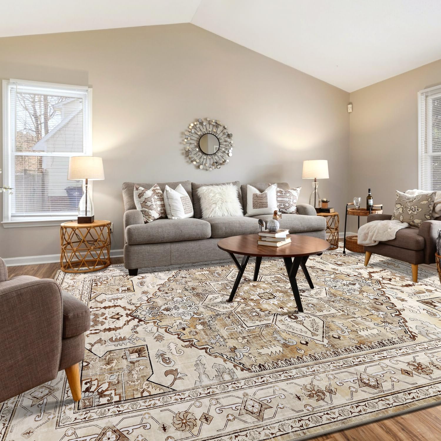 Yamaziot Area Rug 9x12, Non-Slip Washable Boho Vintage Living Room Bedroom Rug with Rubber Backing, Low Pile Faux Wool Soft Distressed Rug Floor Carpet for Living Room, Bedroom