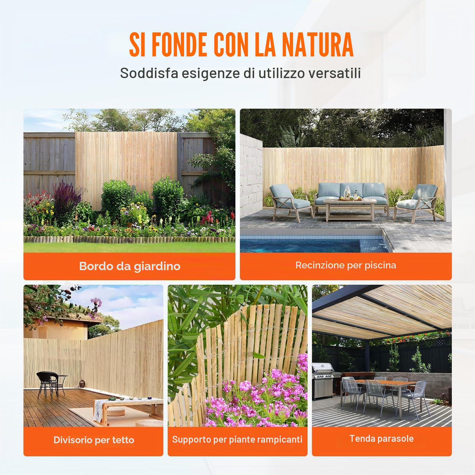 VEVOR Recinzione per privacy in bambù, Recinzione per privacy in bambù, Altezza 1,83m lunghezza 4,83m, Pannello decorativo per la privacy in bambù per giardino, cortile, balcone, lato piscina