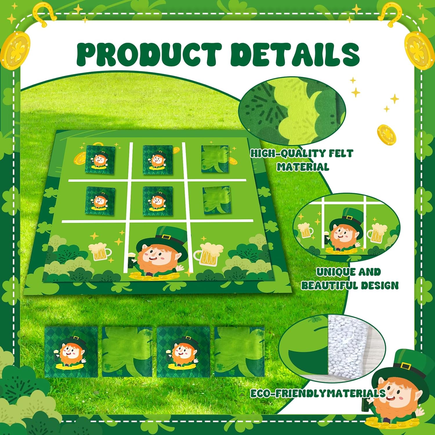 St Patrick Day Party Game St Patricks Day Activities for Kids Tic Tac Toe Giant Bean Bag Toss Game 3 Ft Felt Board with 10pcs Bean Bags Outdoor Games Gift for School Classroom Game Activities